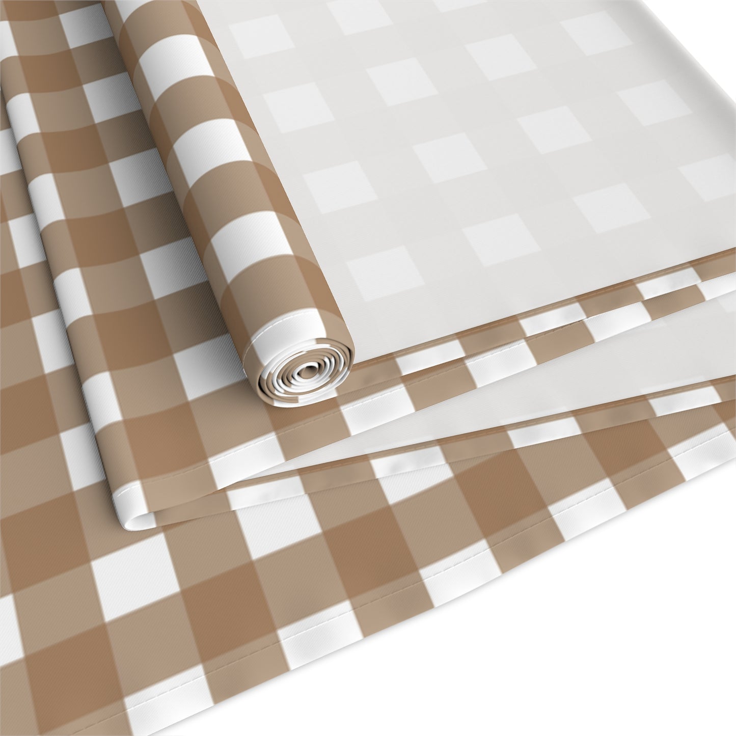 Our Brown Gingham checkered table runner rolled on a white background