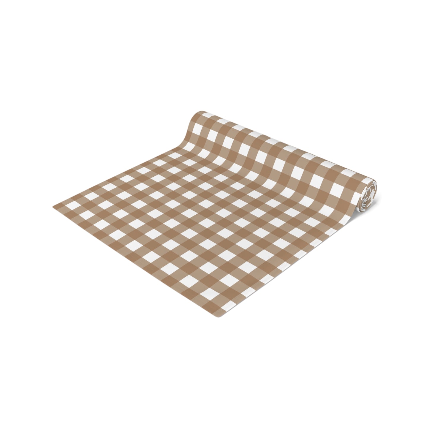 Our Brown Gingham checkered table runner rolled on a white background