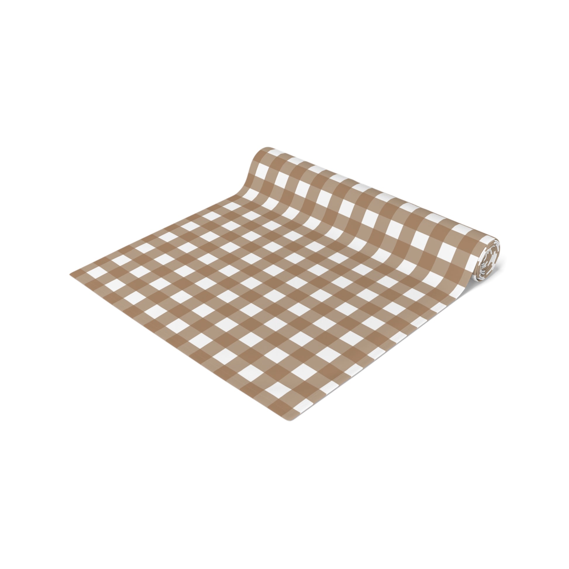 Our Brown Gingham checkered table runner rolled on a white background