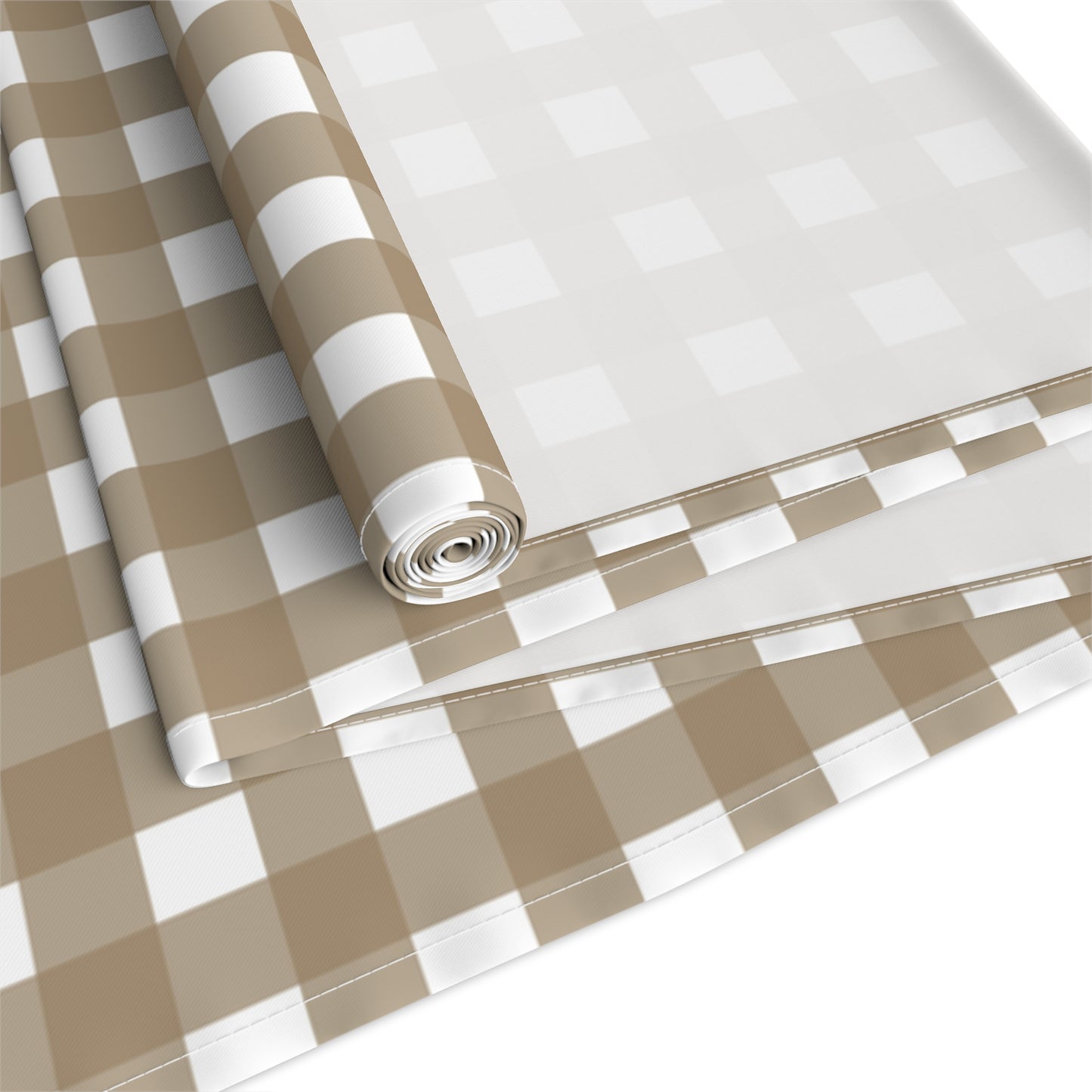 Our polyester Brown Gingham checkered table runner rolled fabric on a white background