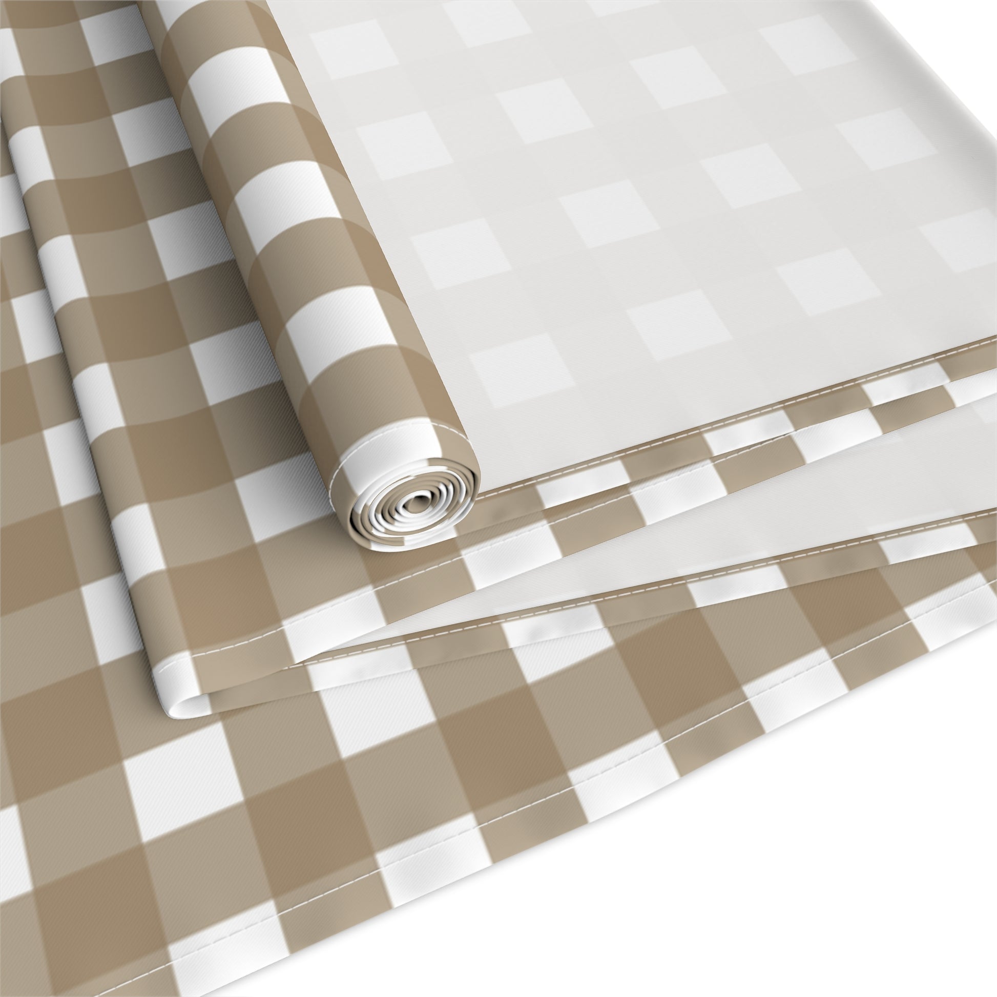 Our polyester Brown Gingham checkered table runner rolled fabric on a white background