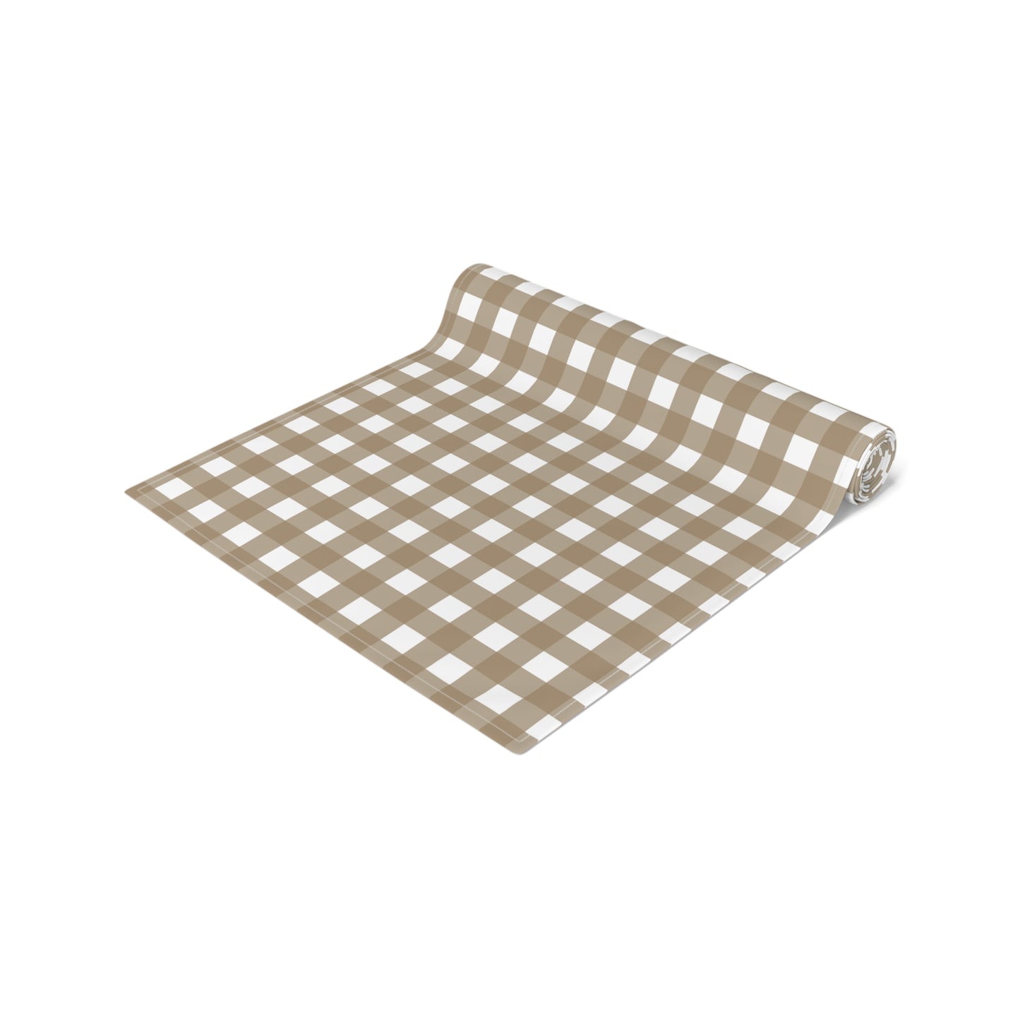 Our Brown Gingham checkered table runner rolled fabric on a white background