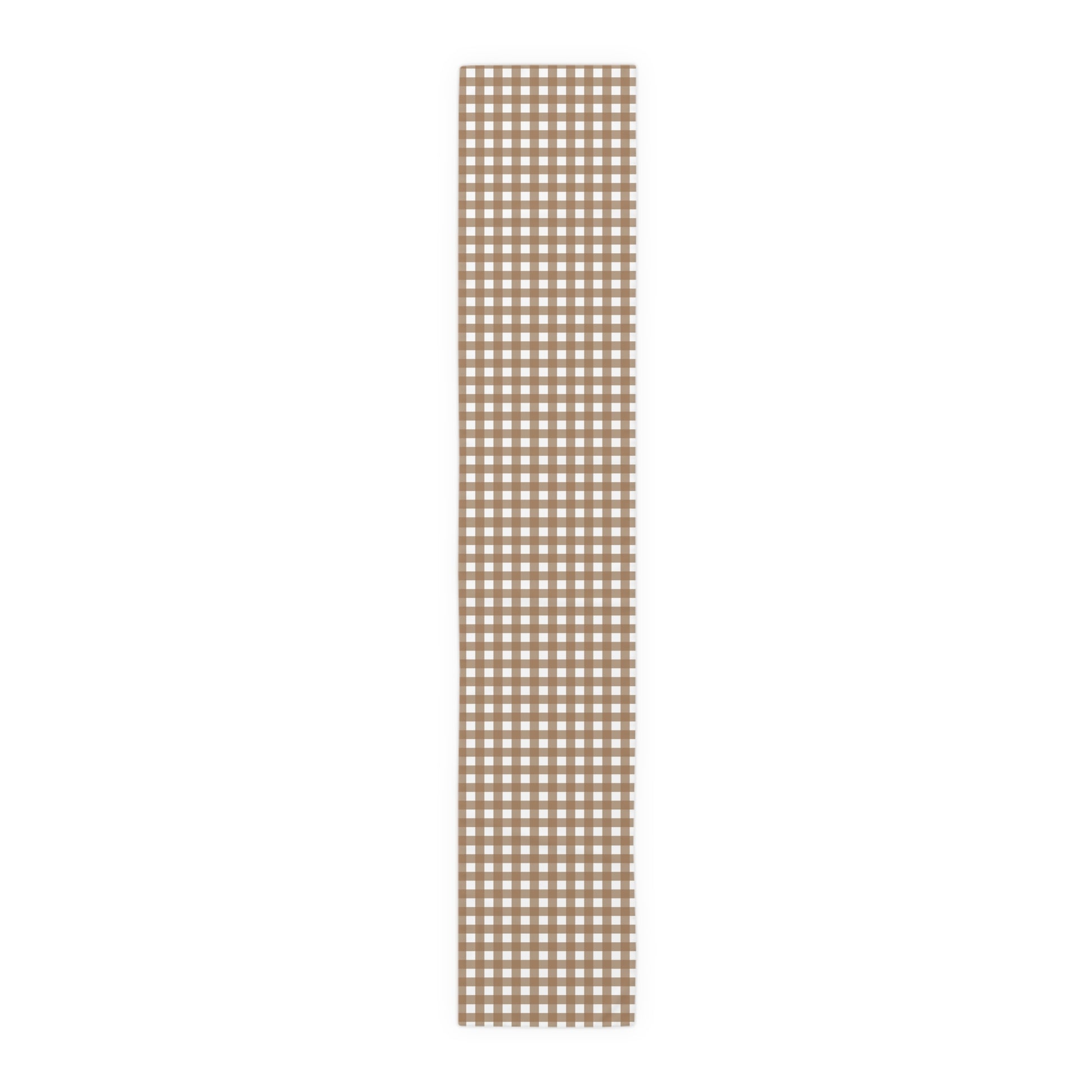 Our 16" x 90" polyester Brown Gingham checkered table runner on a white background