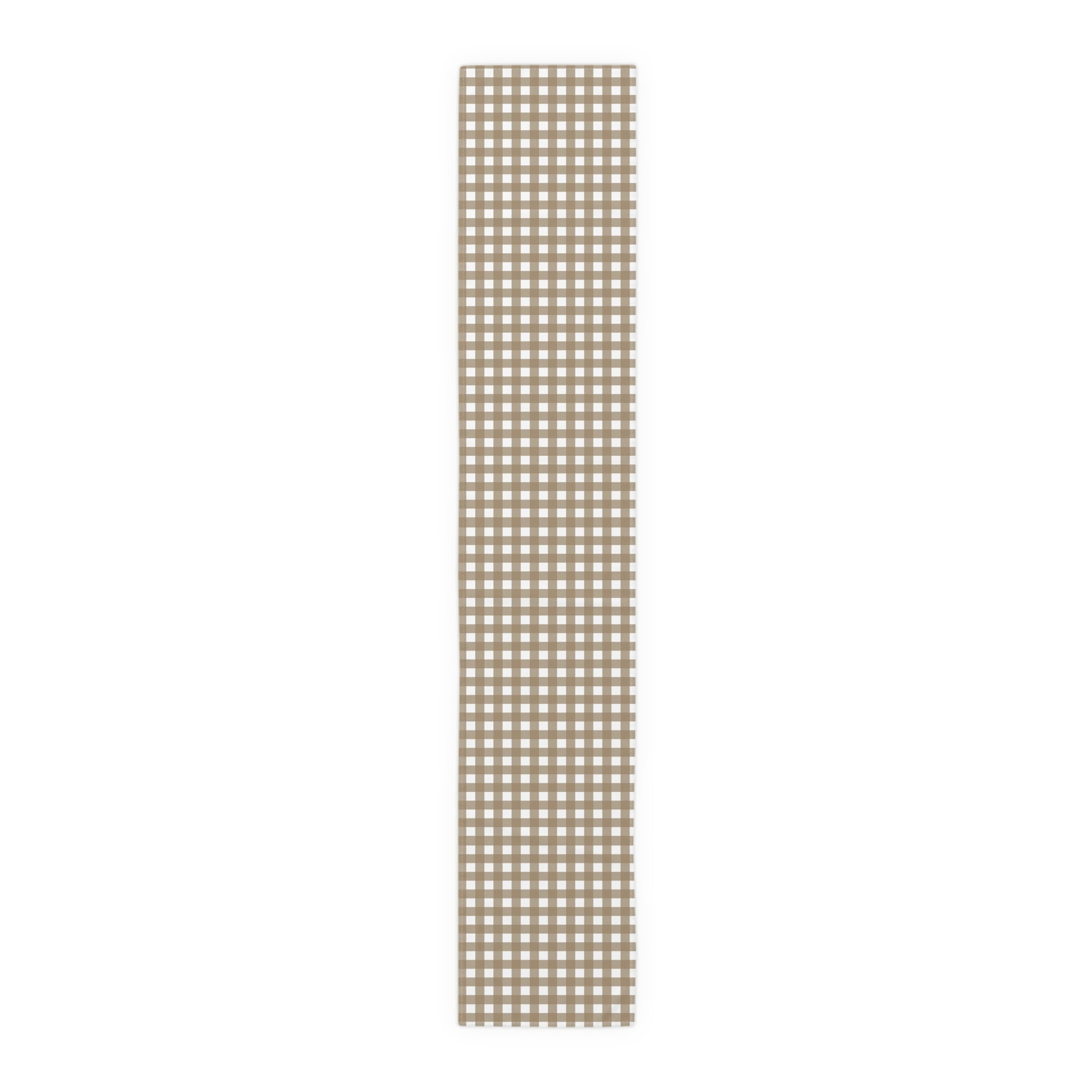 Our 16" x 90" cotton twill Brown Gingham checkered table runner on a white background