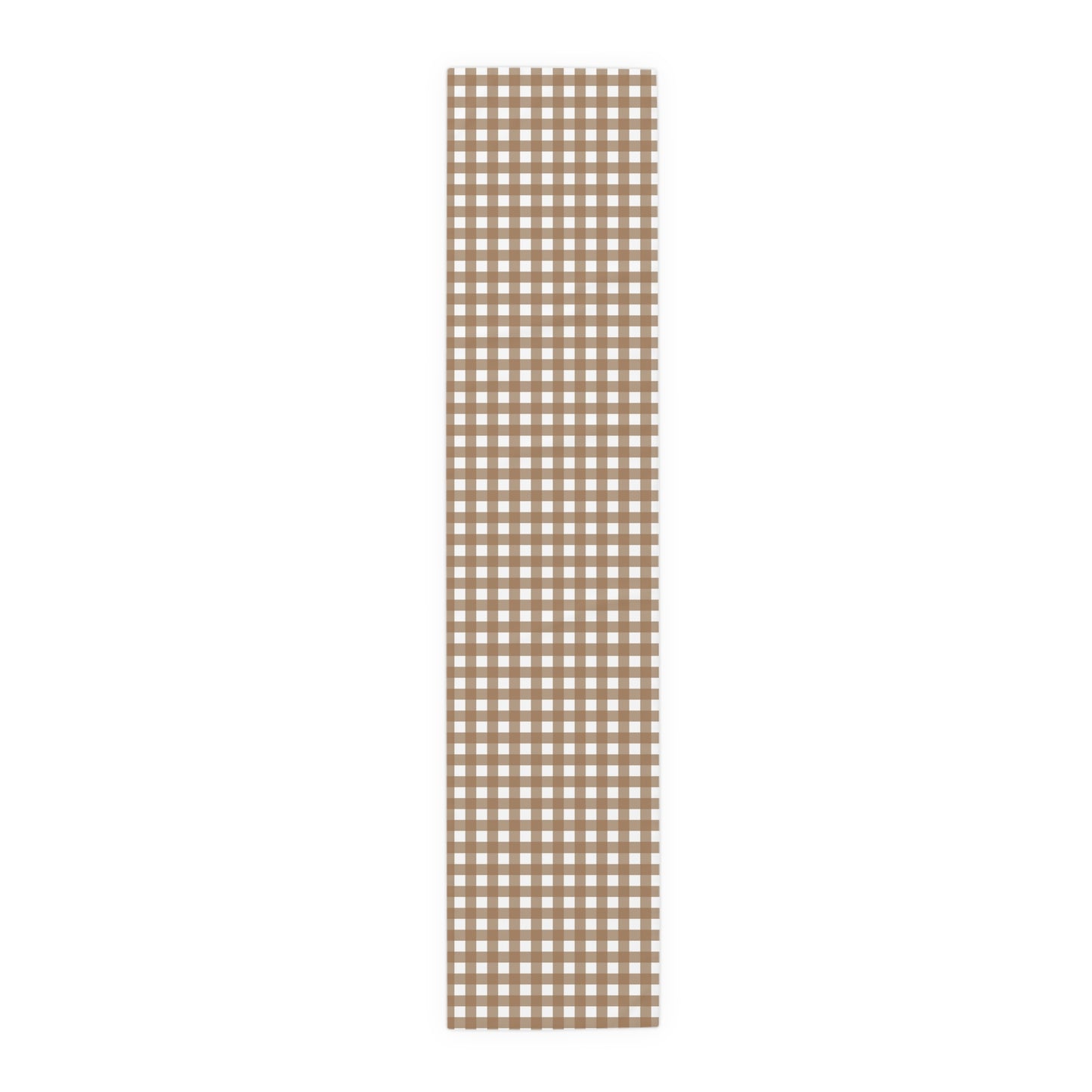 Our 16" x 72" polyester Brown Gingham checkered table runner on a white background