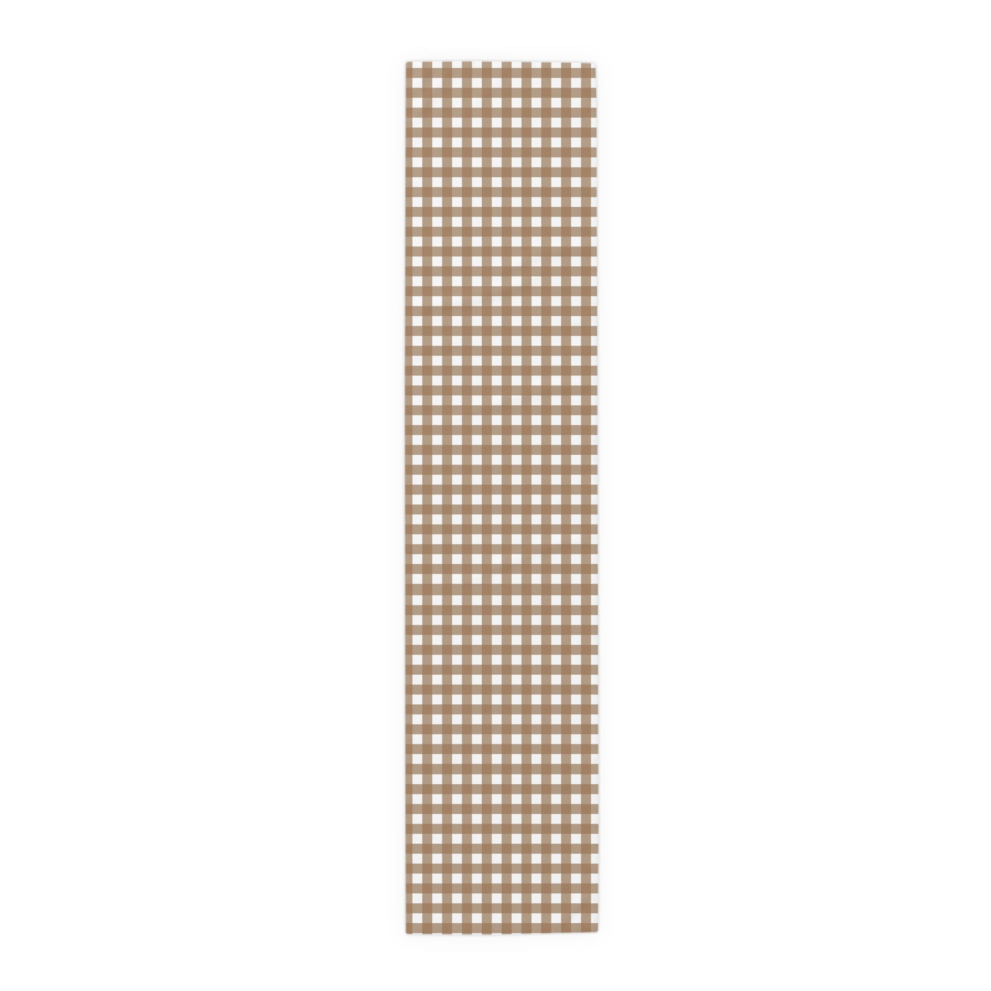 Our 16" x 72" polyester Brown Gingham checkered table runner on a white background