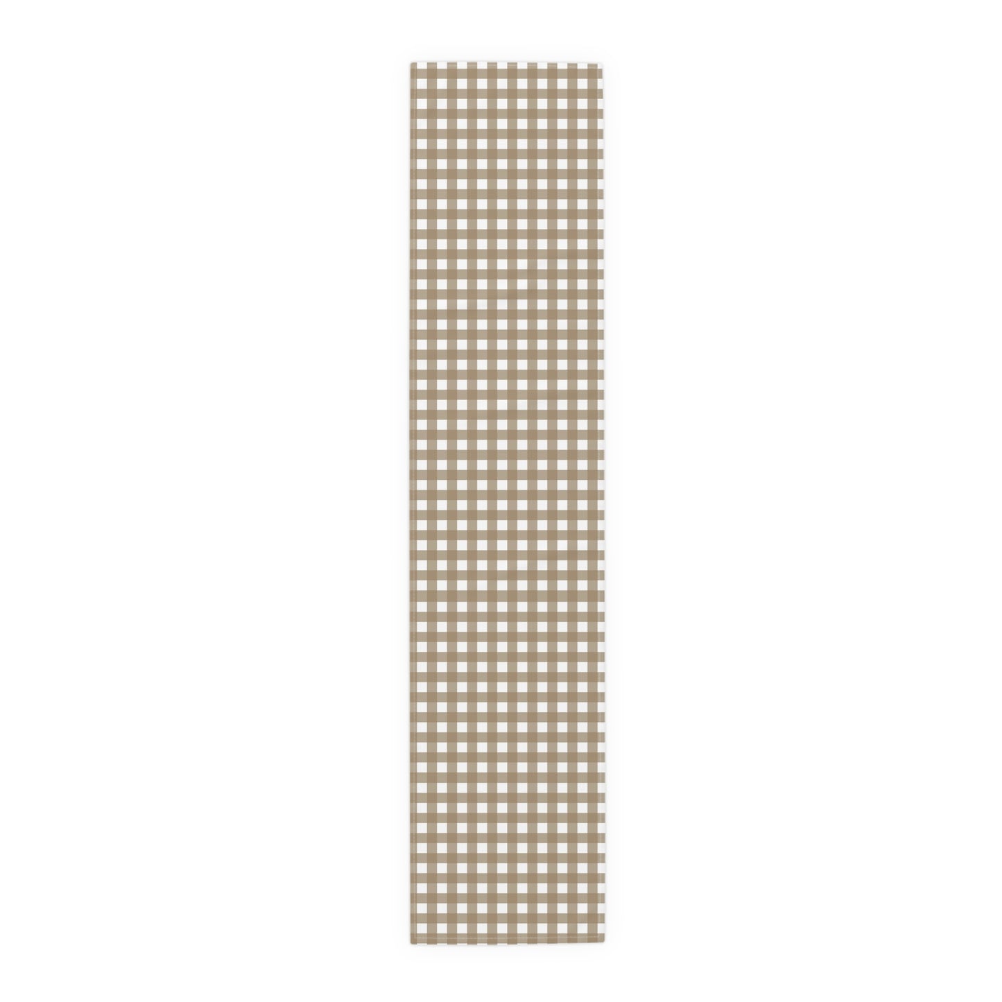 Our Brown 16" x 72" cotton Brown Gingham checkered table runner on a white background