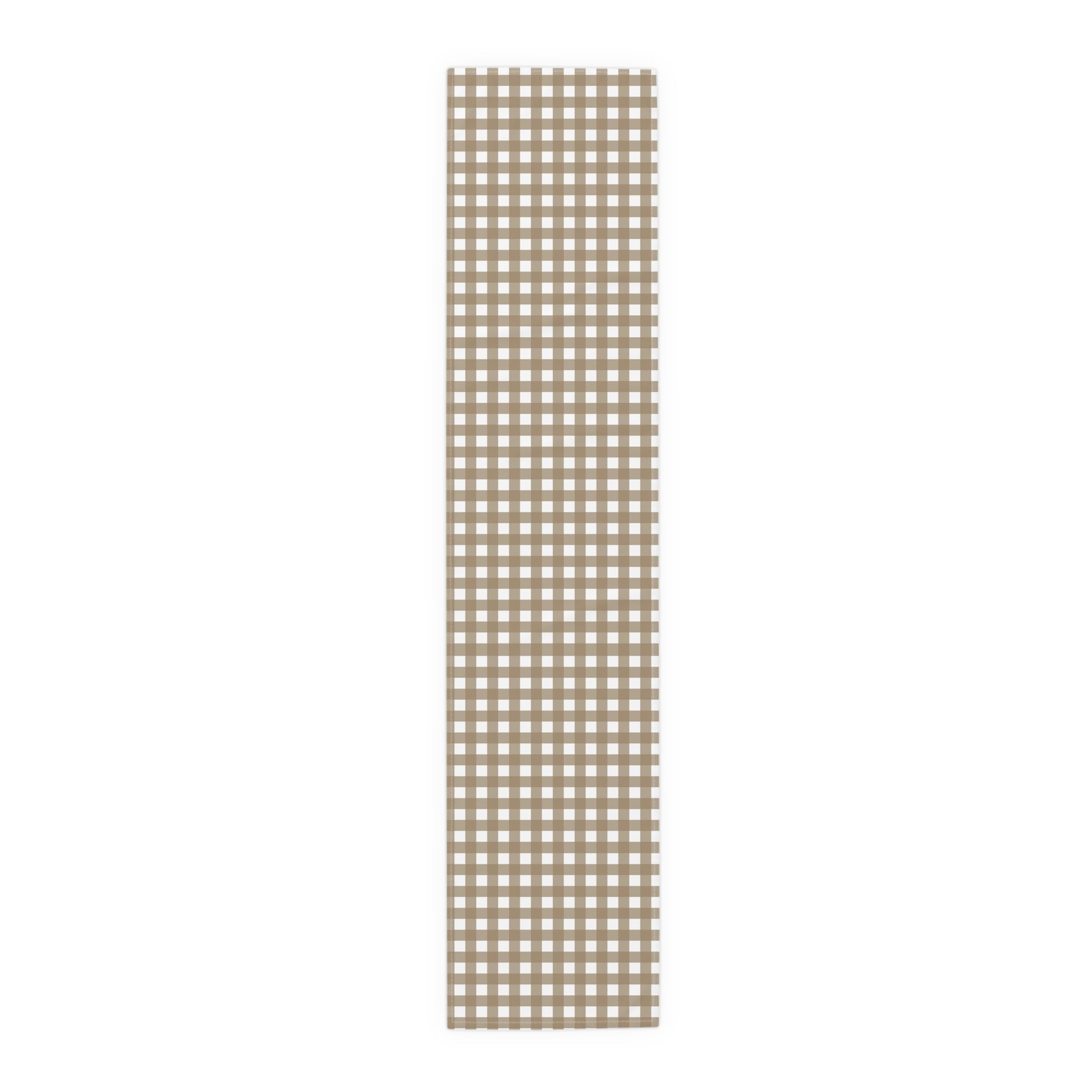 Our Brown 16" x 72" cotton Brown Gingham checkered table runner on a white background