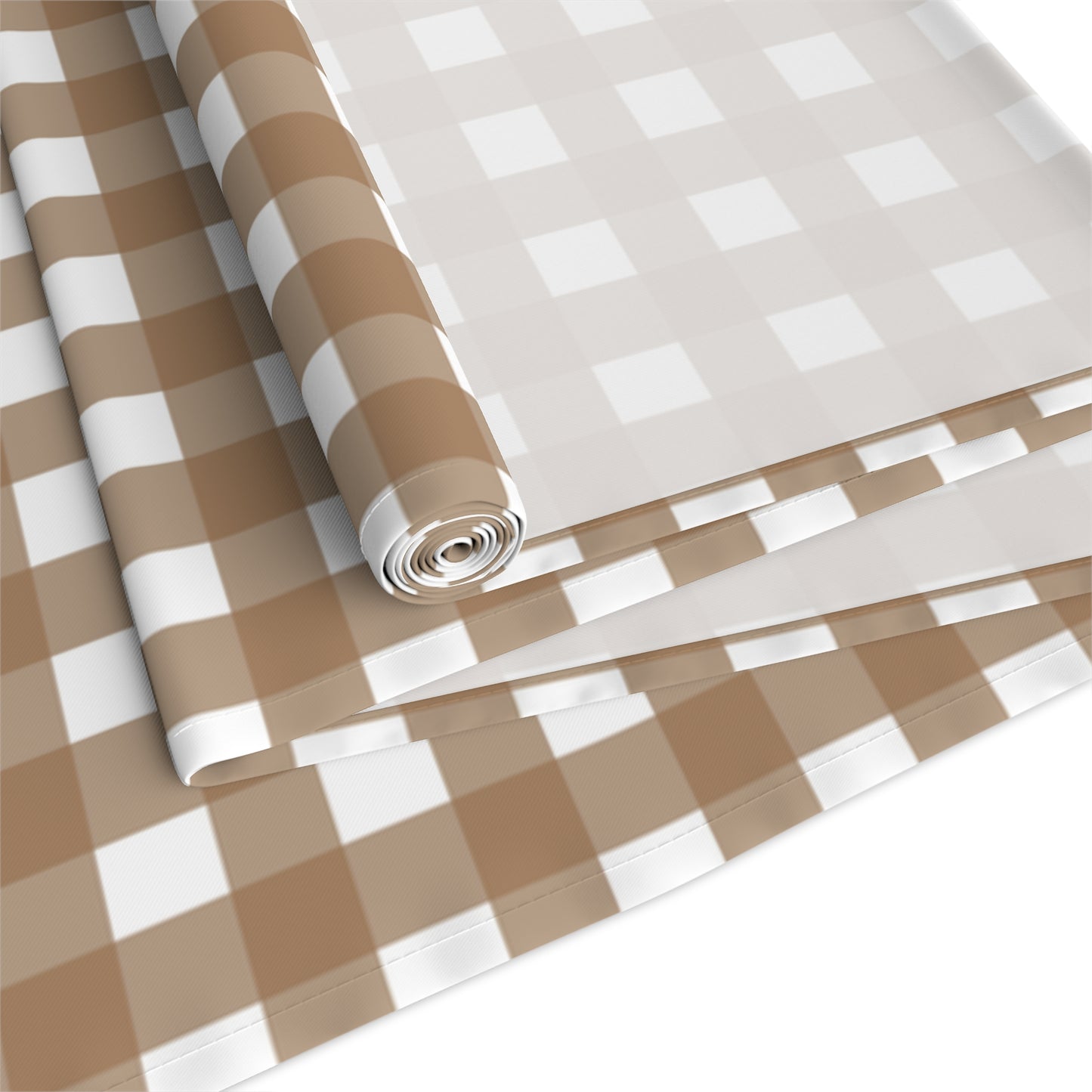 Our Brown Gingham checkered table runner rolled fabric on a white background