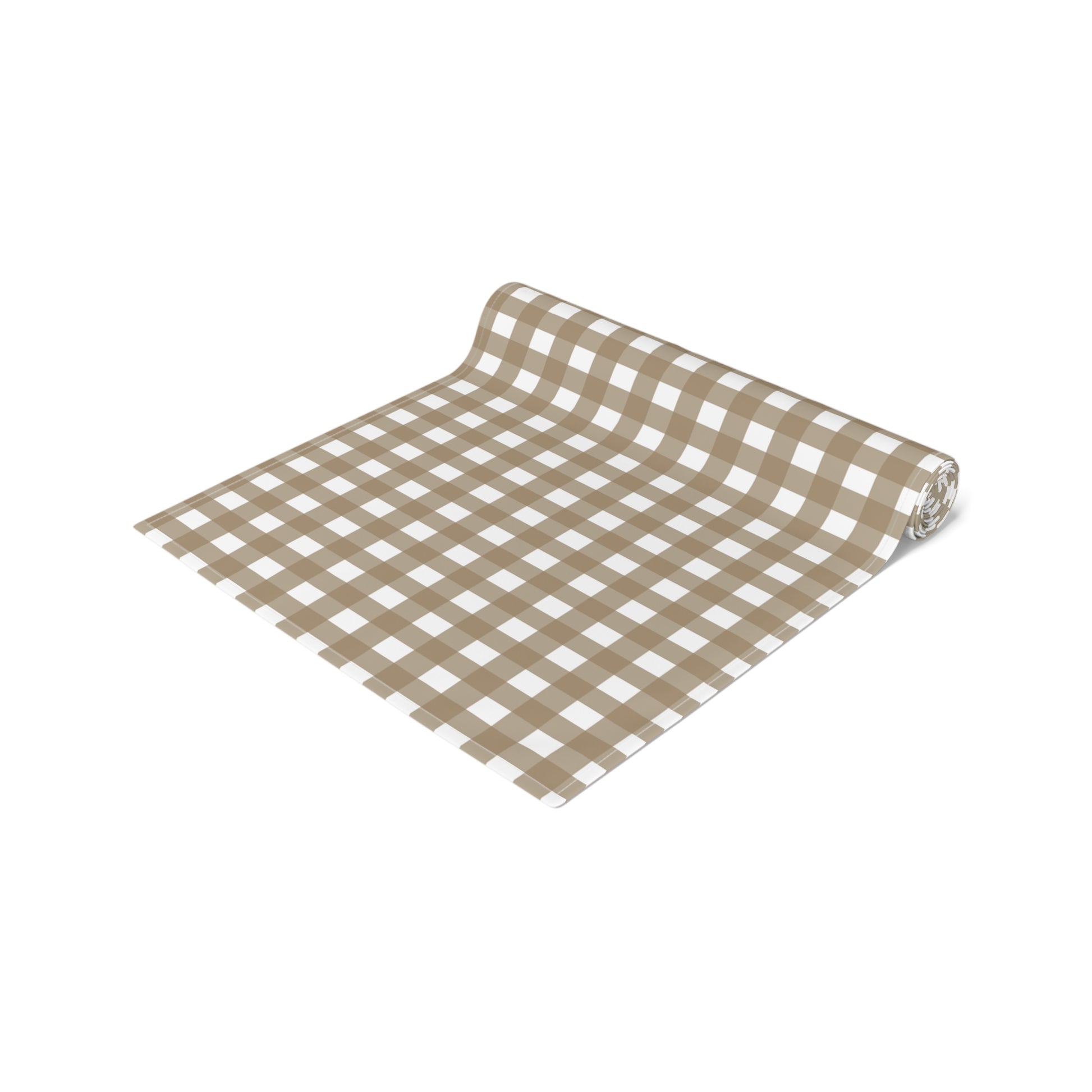Our Brown Gingham checkered table runner rolled fabric on a white background