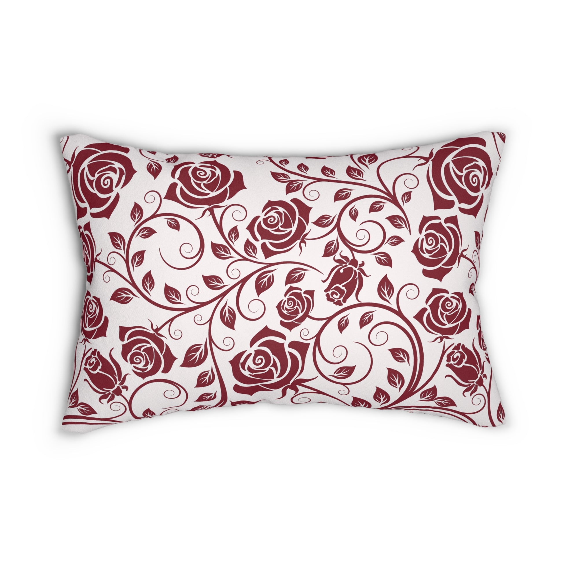 Decorative pillow with burgundy red rose pattern on a white background