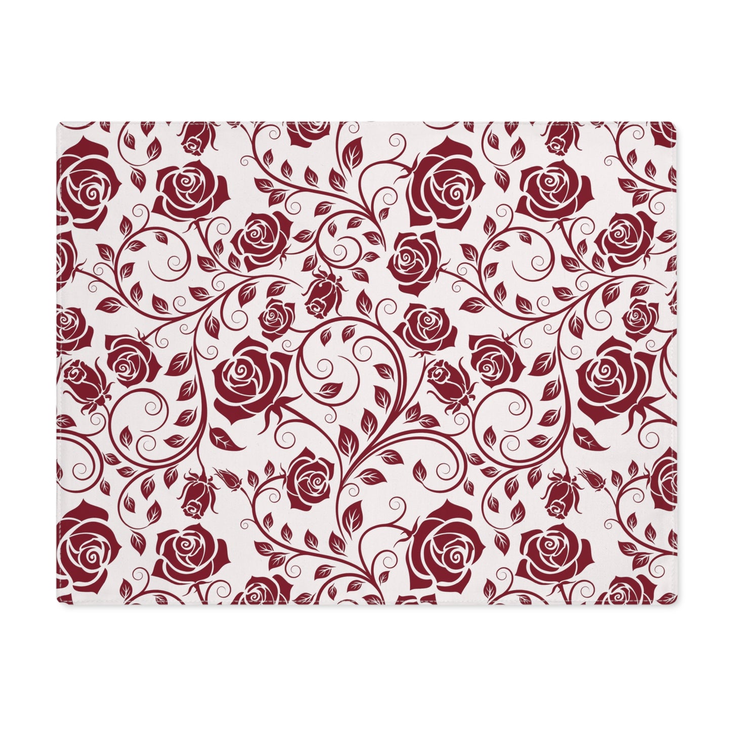 Patterned burgundy roses placemat with red roses on a white background