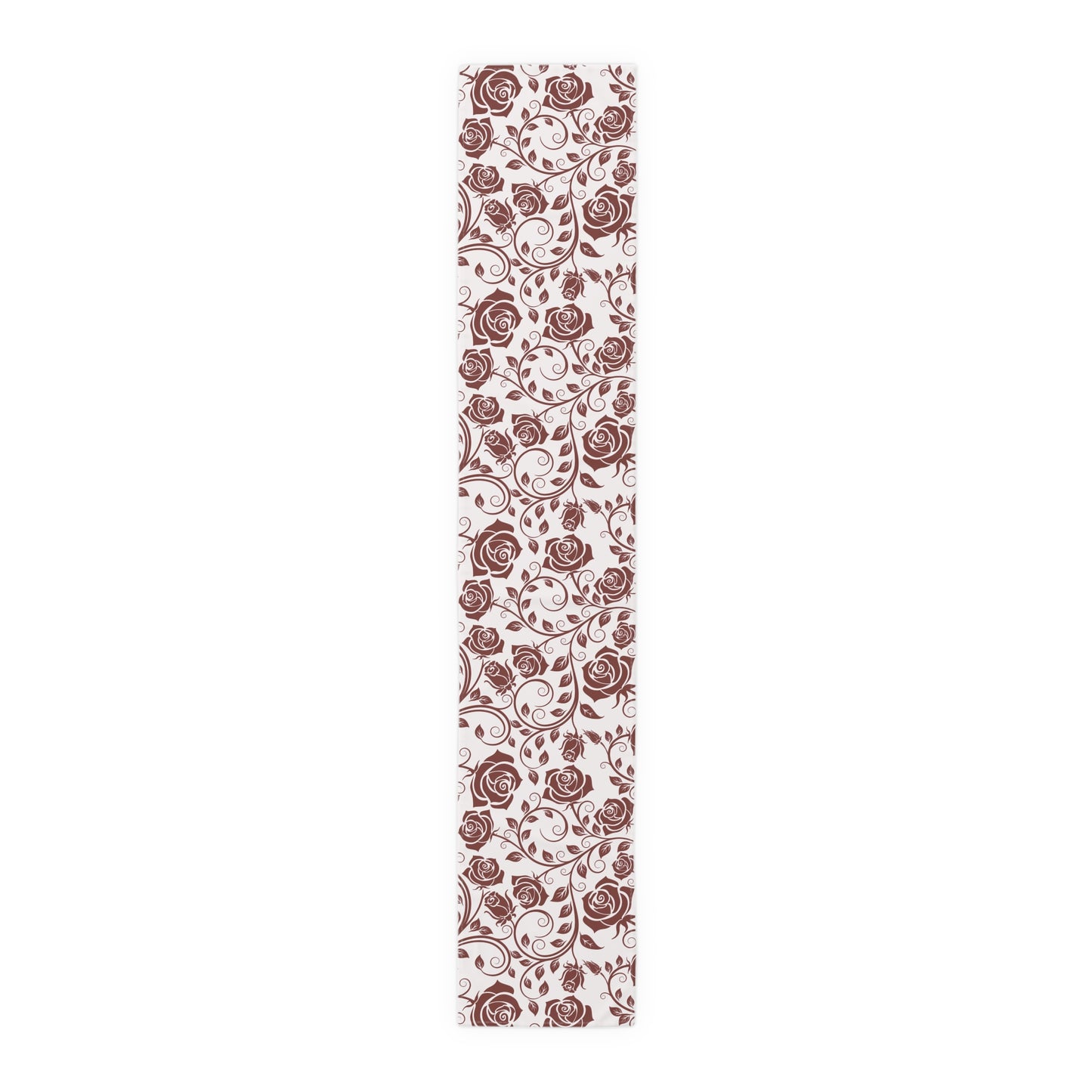 Decorative table runner with red rose pattern on a white background