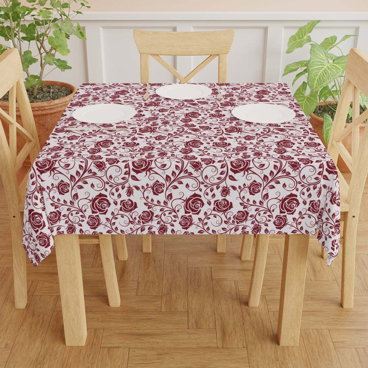 Burgundy Roses Tablecloth - 58" × 58" and 58" × 102" Sizes, Winter / Christmas Tablecloth - Party Tablecloth, Dinner Tablecloth, Holiday Dining Tablecloth, Valentine's Day Tablecloth