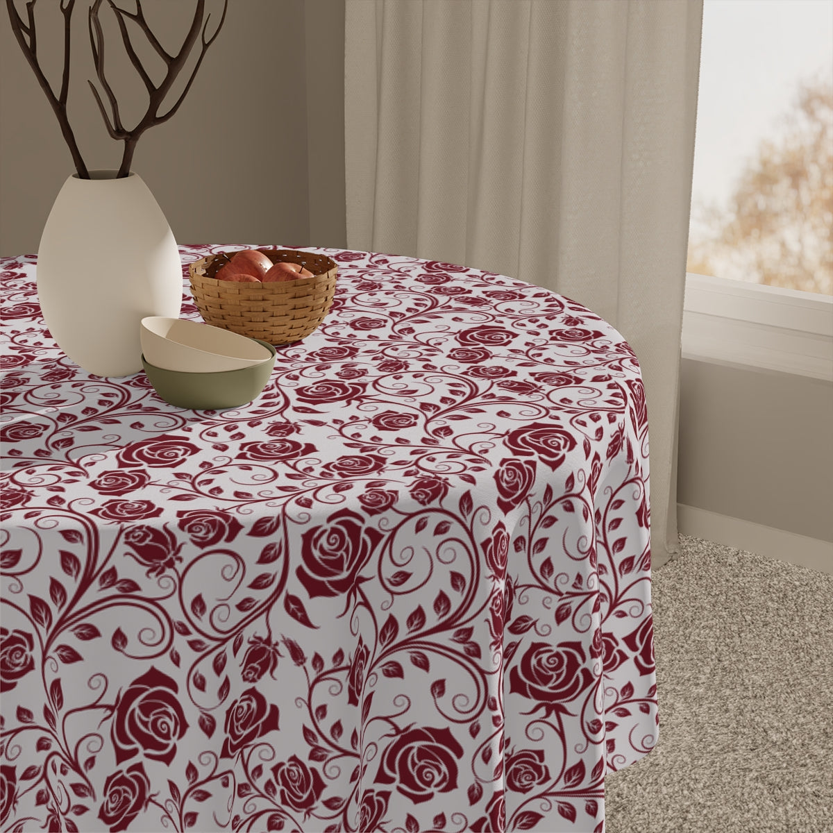 Burgundy Roses Tablecloth - 58" × 58" and 58" × 102" Sizes, Winter / Christmas Tablecloth - Party Tablecloth, Dinner Tablecloth, Holiday Dining Tablecloth, Valentine's Day Tablecloth