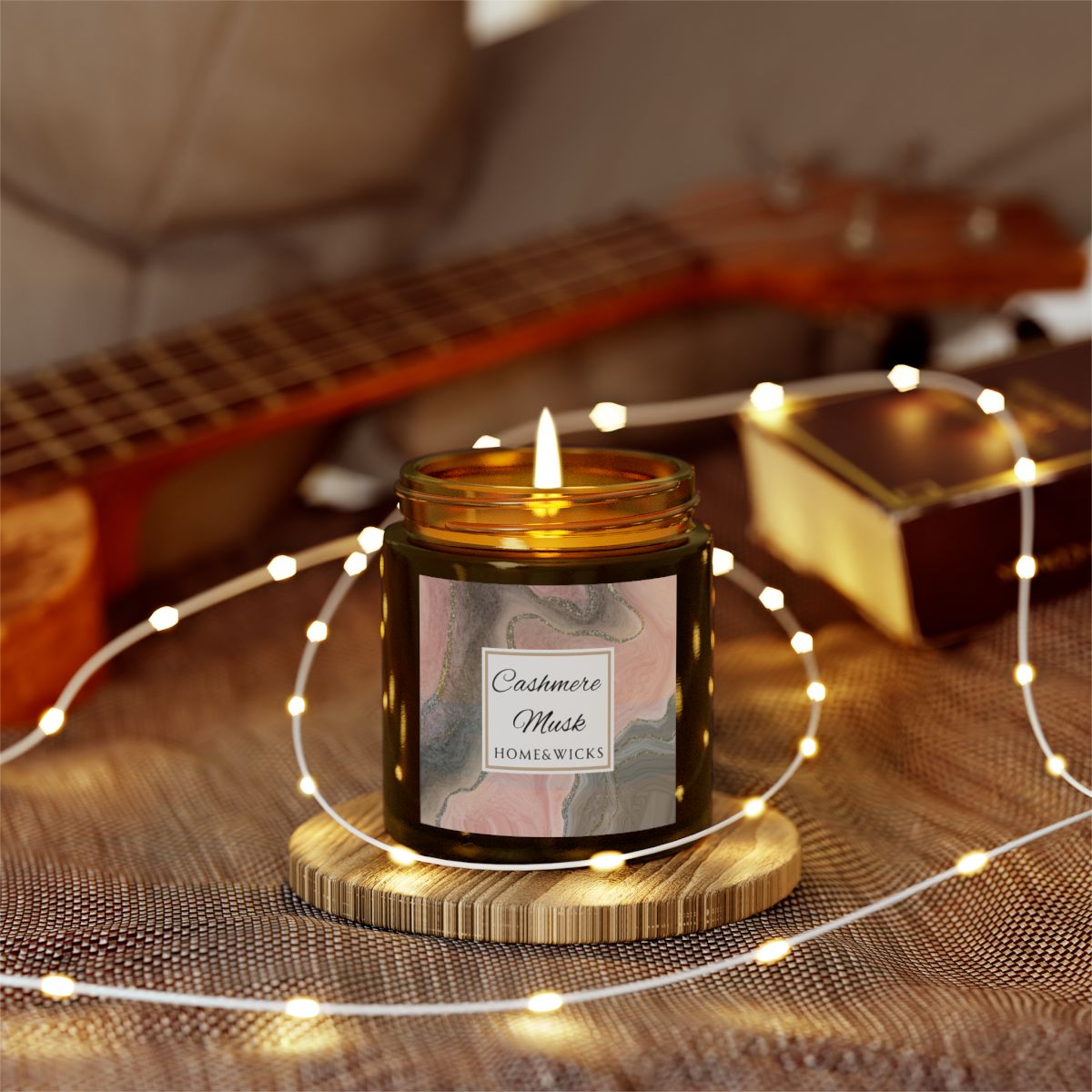 Cashmere Musk Coconut Apricot Wax Candle, 4 oz Amber Jar with Gold Lid, Cotton Wick - Luxe Scented Candle, Calming Aroma, Musk Floral Candle