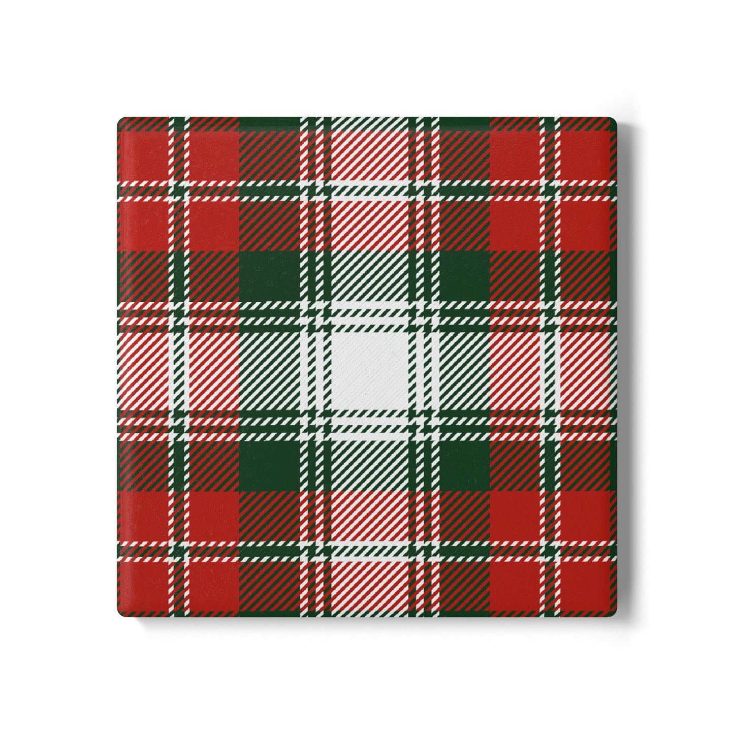 Plaid green and red patterned square ceramic tile coaster on a white background 