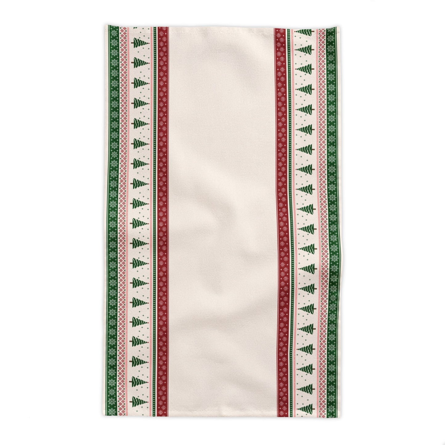 Beige rectangle tablecloth with green and red border featuring Christmas tree patterns and snowflakes on a white background