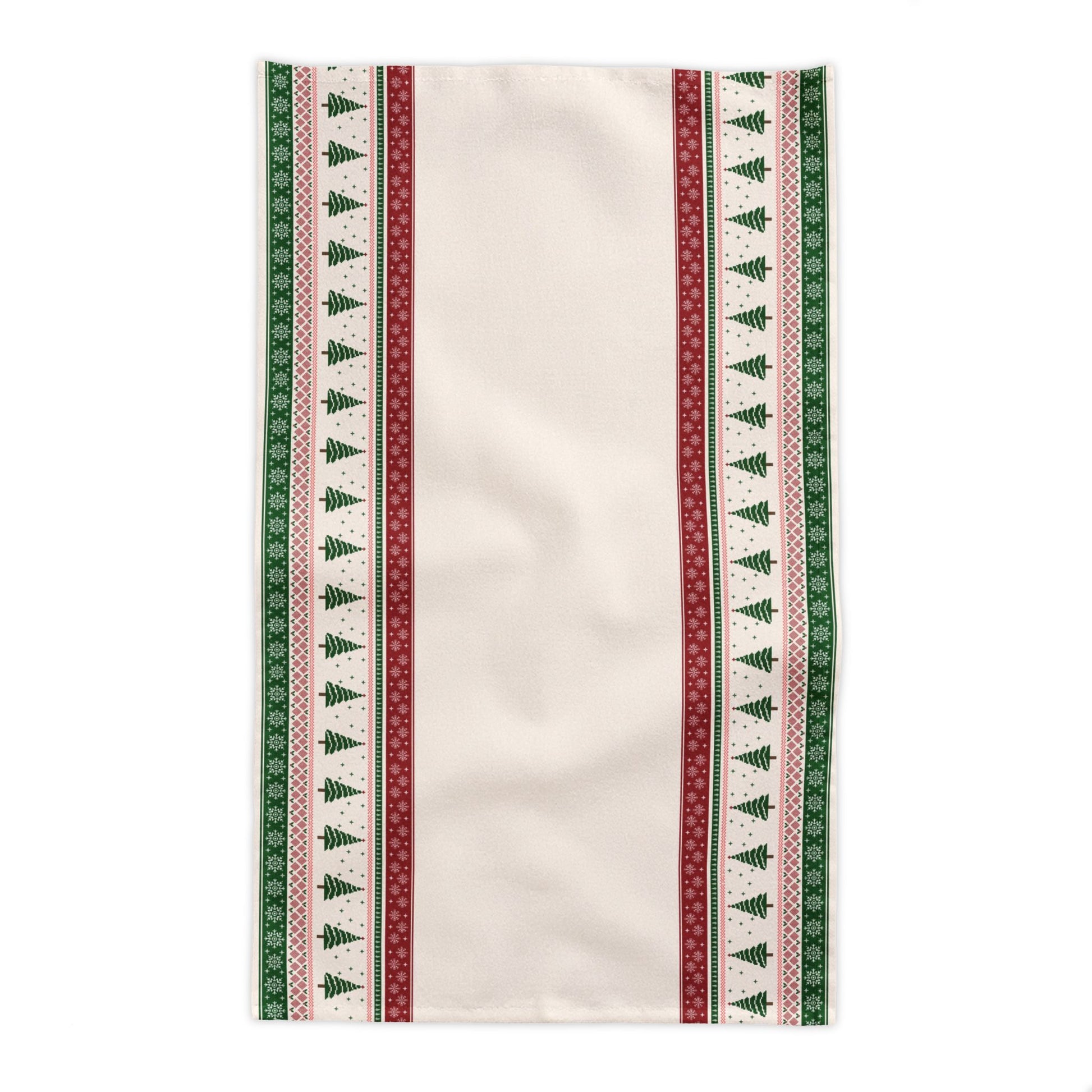Beige rectangle tablecloth with green and red border featuring Christmas tree patterns and snowflakes on a white background