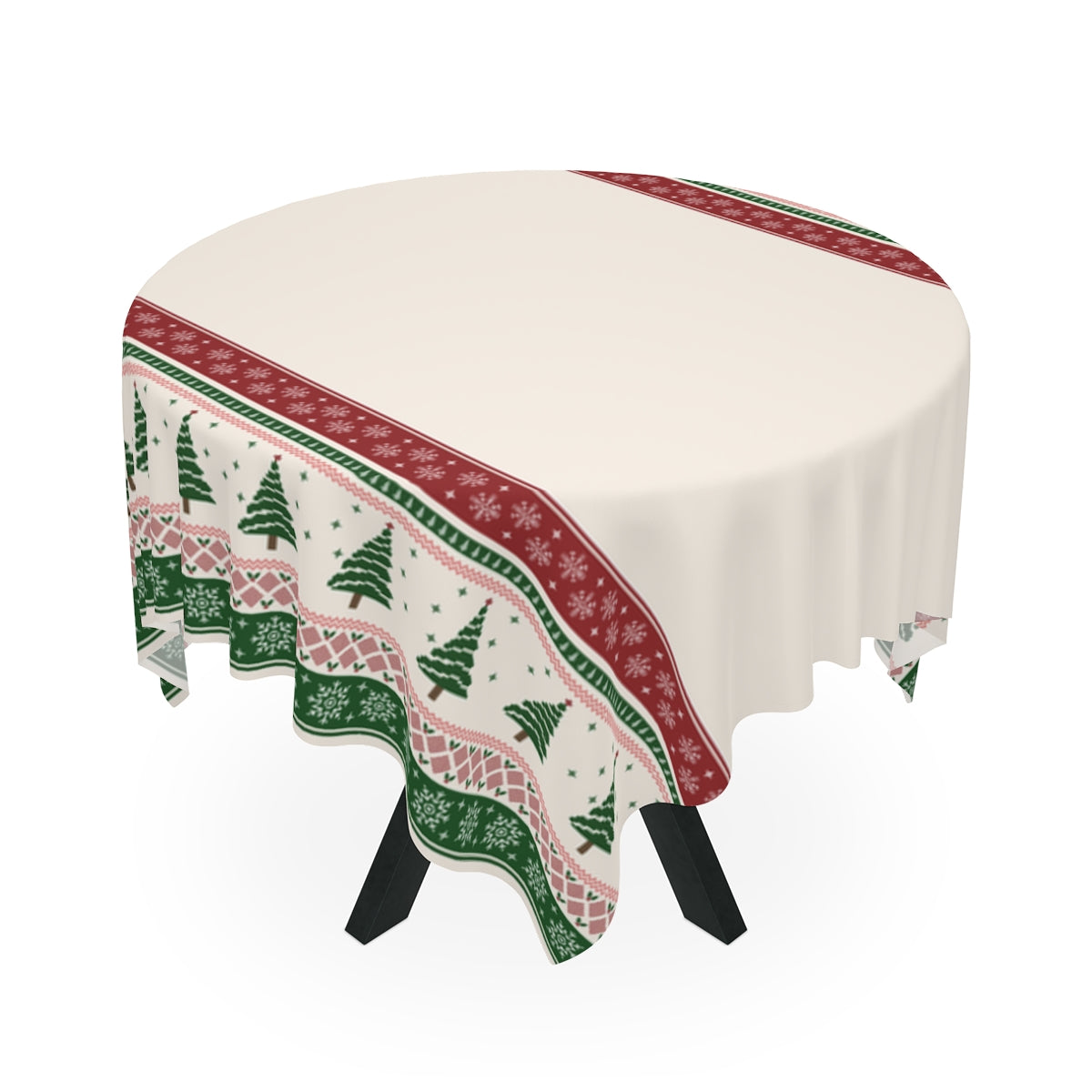 Round table with a rectangle beige tablecloth with a red and green Christmas tree and snowflakes pattern on a white background