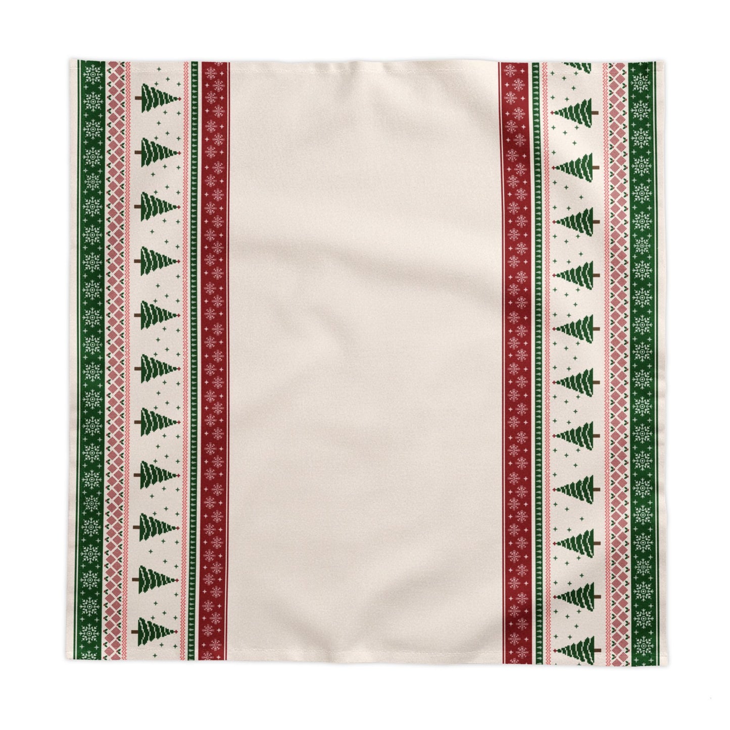 Beige fabric square tablecloth with green and red Christmas trees and snowflakes patterned border on a white background