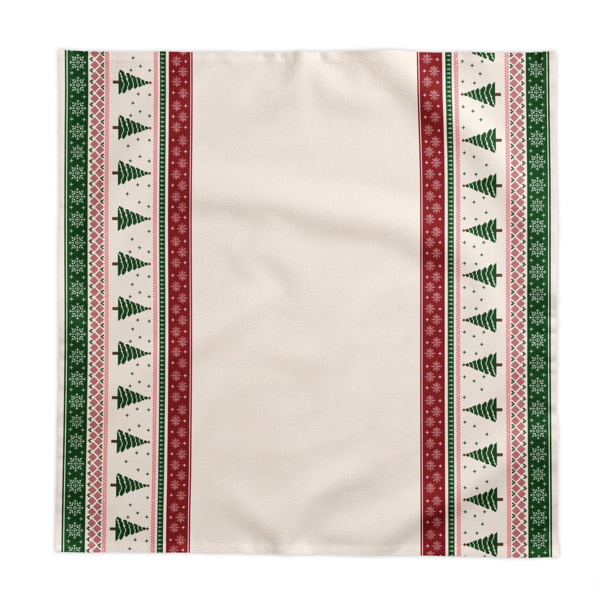 Beige fabric square tablecloth with green and red Christmas trees and snowflakes patterned border on a white background