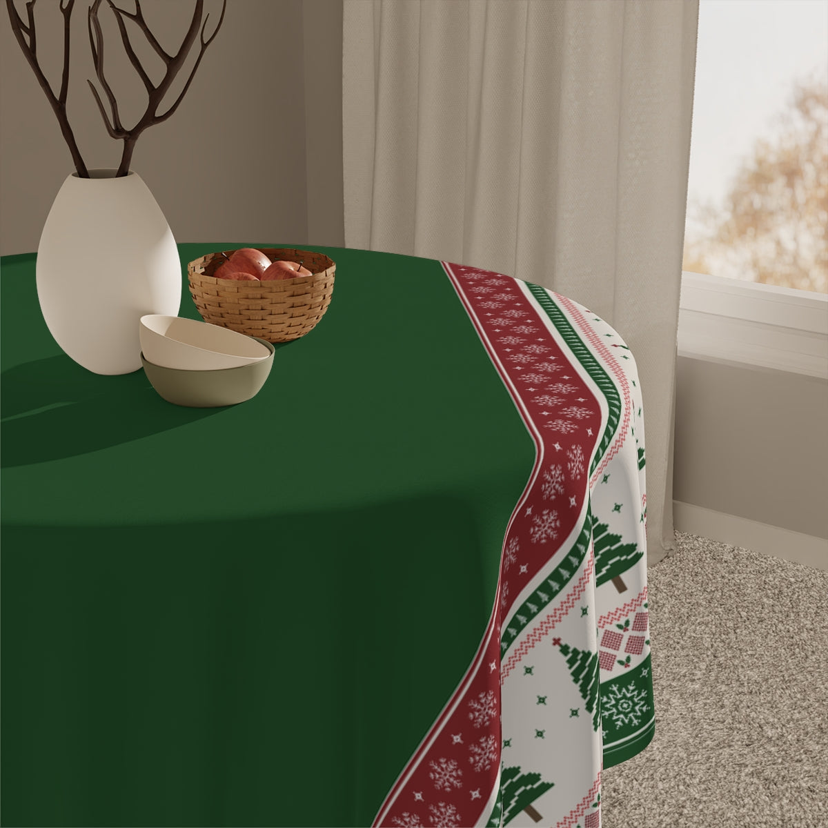 Christmas Trees Green Tablecloth - 58" × 58" and 58" × 102" Sizes, Winter / Christmas Tablecloth -Christmas Tree Pattern Table Linen, Christmas Tablecloth, Holiday Dining Tablecloth, Green & Red Tablecloth