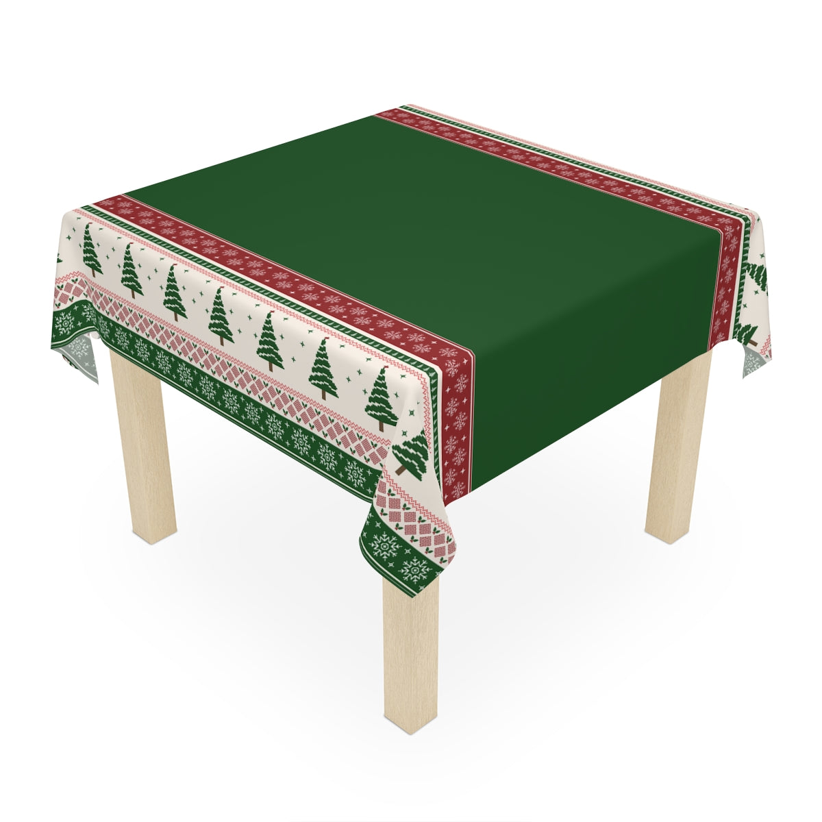 Christmas Trees Green Tablecloth - 58" × 58" and 58" × 102" Sizes, Winter / Christmas Tablecloth -Christmas Tree Pattern Table Linen, Christmas Tablecloth, Holiday Dining Tablecloth, Green & Red Tablecloth