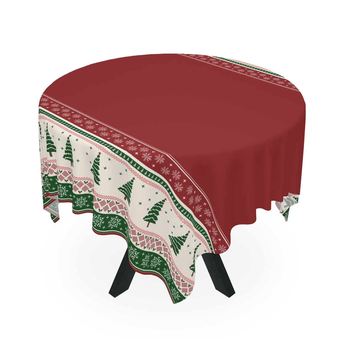 Red tablecloth with Christmas trees and snowflakes red and green pattern on a white background