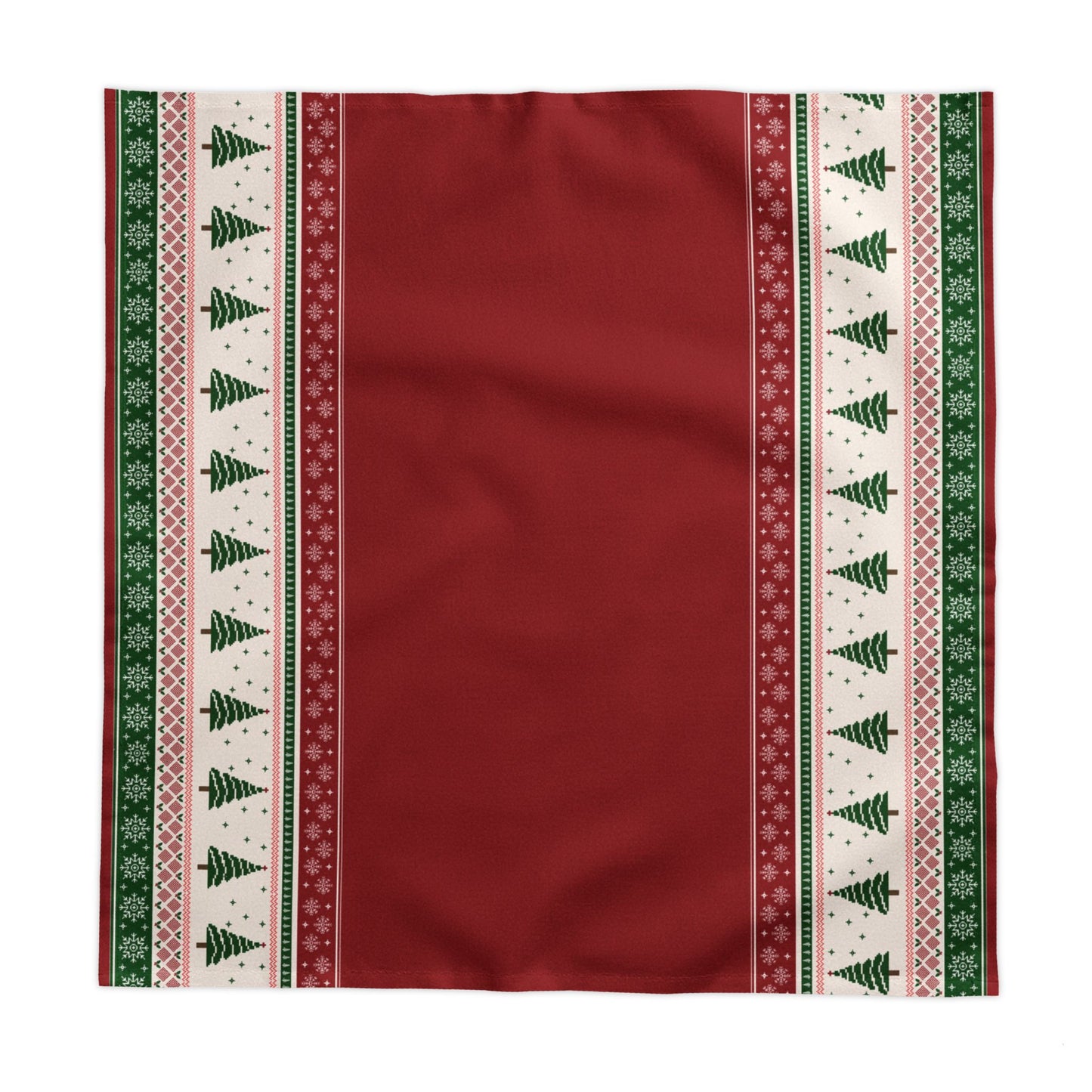 Square red tablecloth with Christmas trees and snowflakes red and green pattern