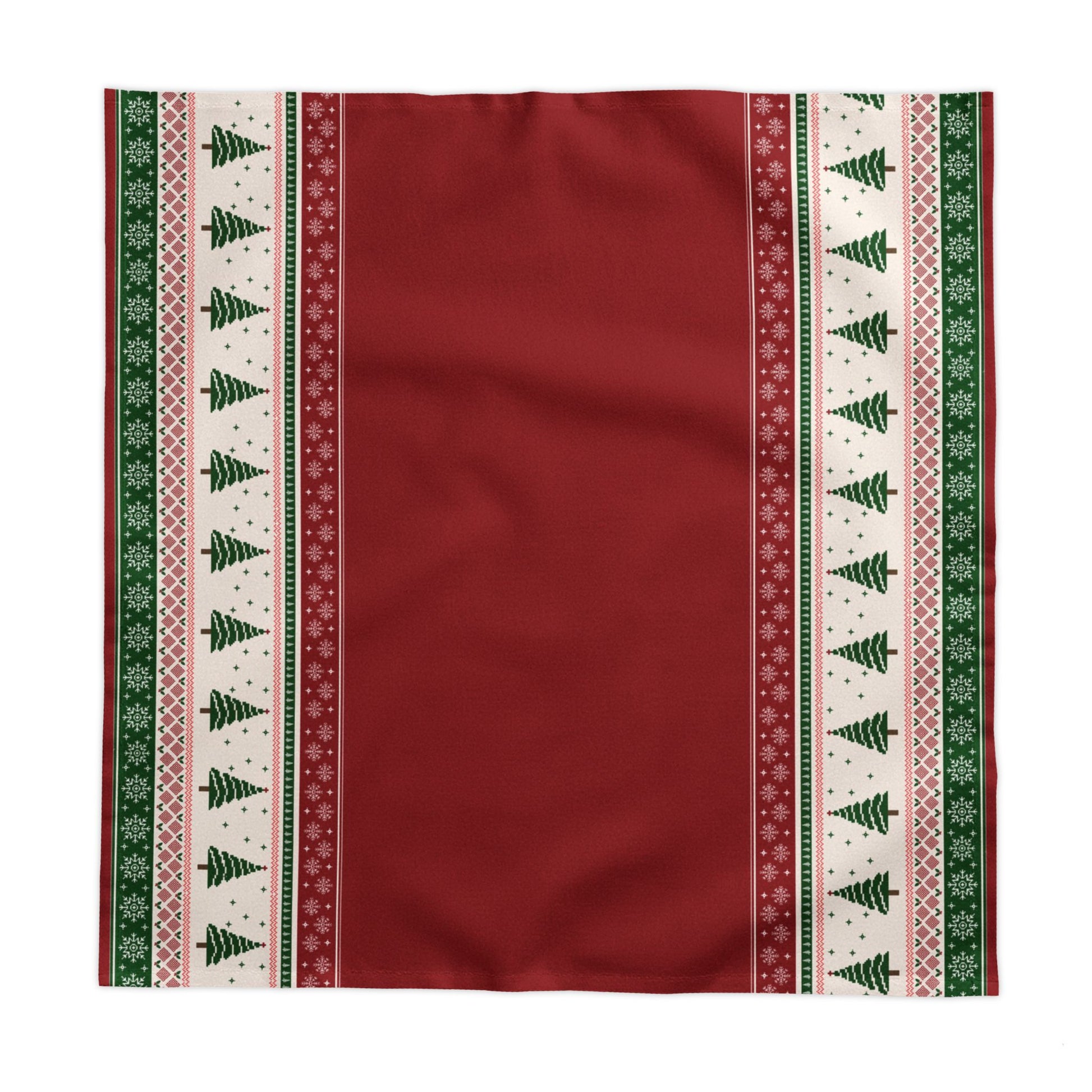 Square red tablecloth with Christmas trees and snowflakes red and green pattern