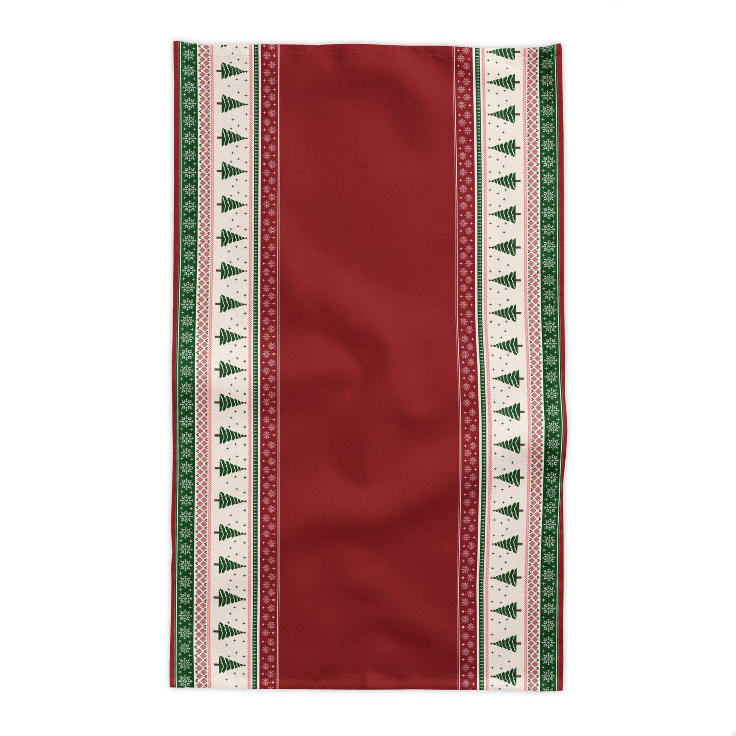Rectangle red tablecloth with Christmas trees and snowflakes red and green pattern on a white background