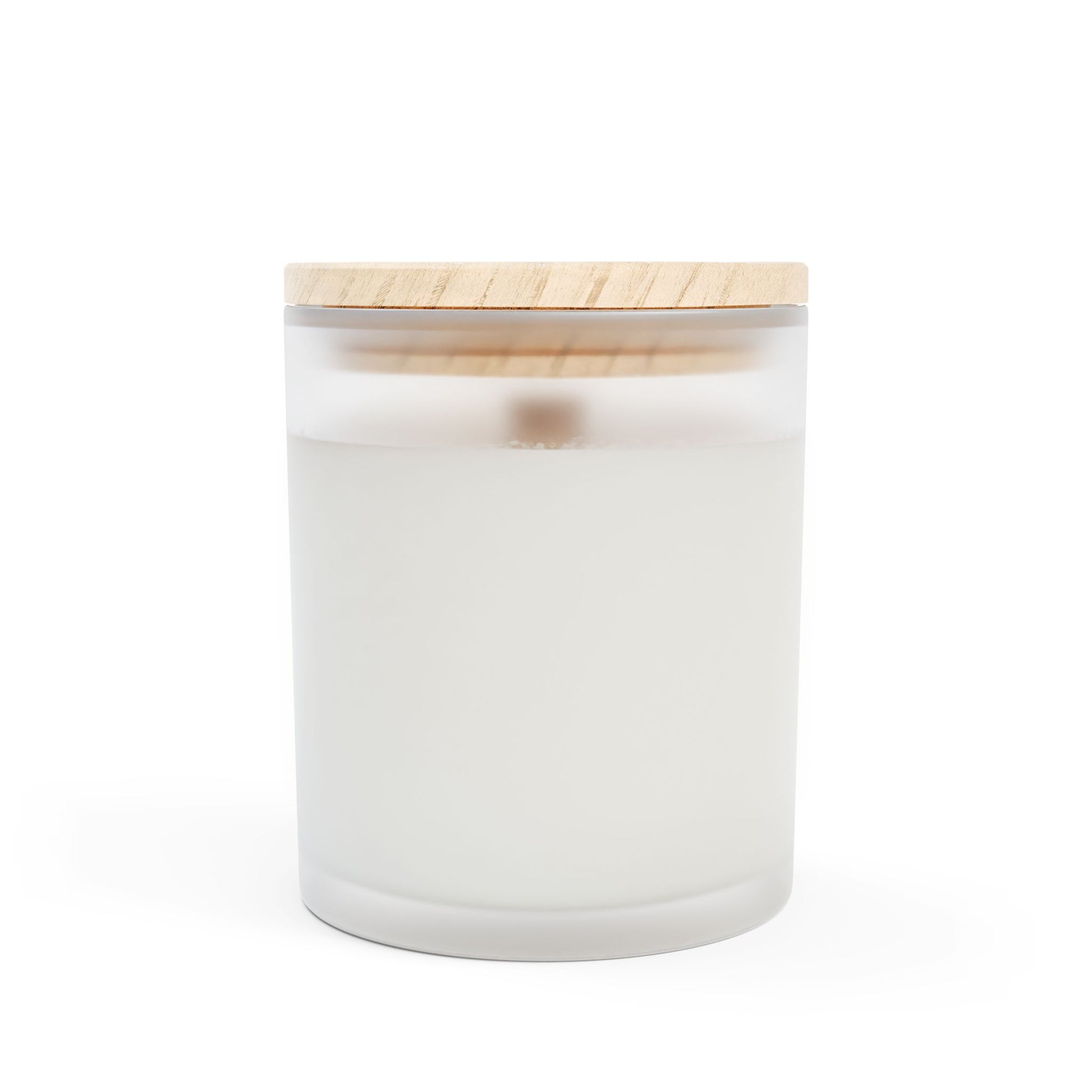 White candle in a glass jar with a wooden lid on a white background