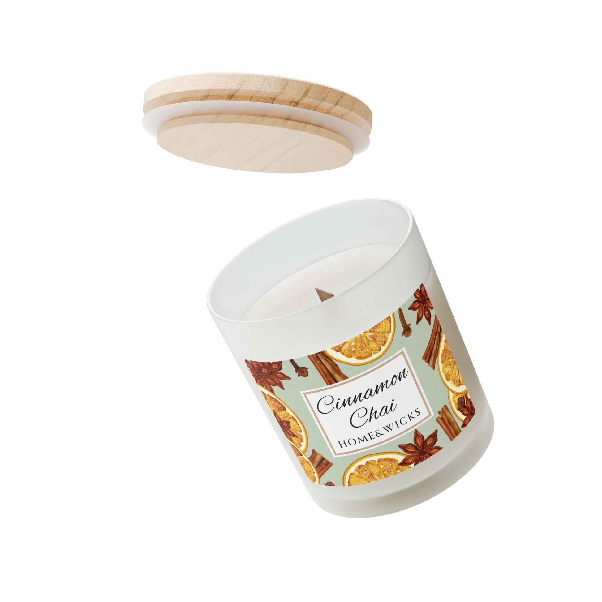 Candle with cinnamon and chai design on a white background