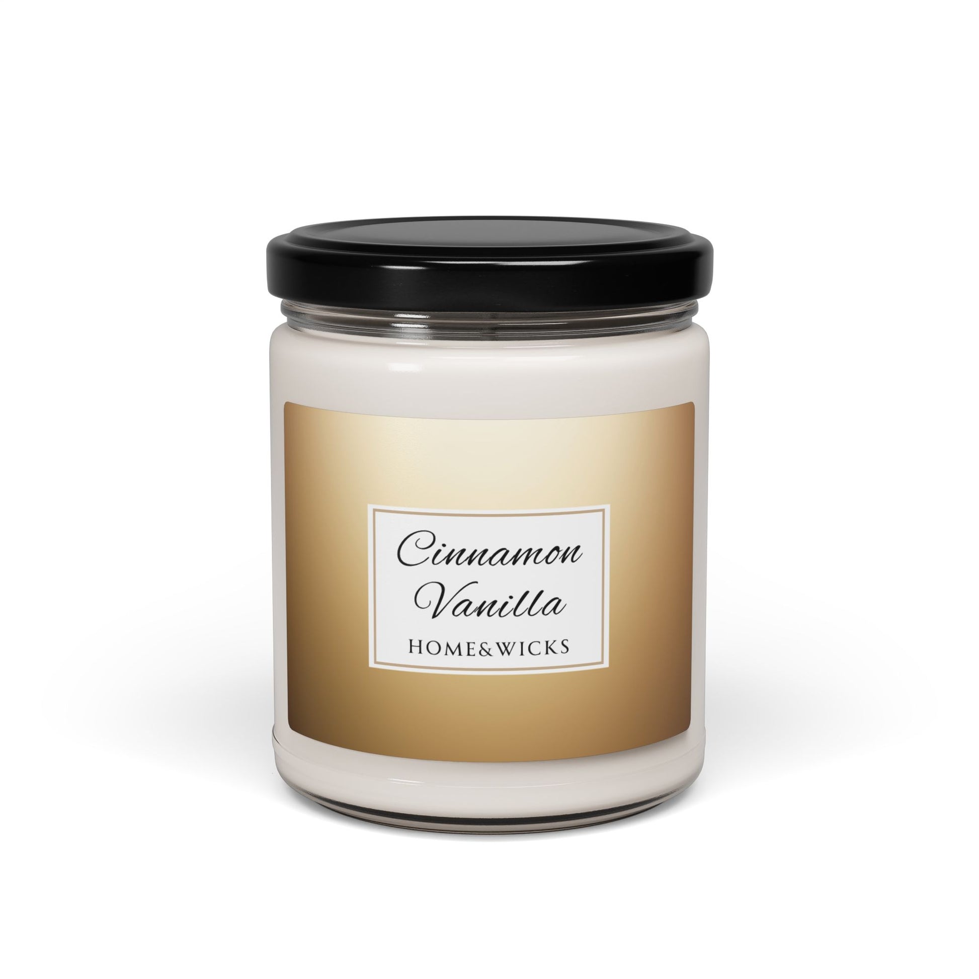 Candle jar labeled 'Cinnamon Vanilla' by Homeswicks on a white background