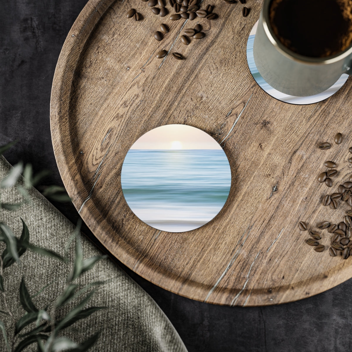 Coastal Cottage Sunset - Round Hardboard Coaster, Cork Backed  -3.75"x 3.75" - Perfect for Coastal Home Decor & Gifts - Priced per coaster