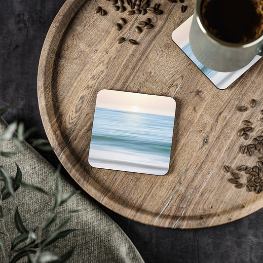 Coastal Cottage Sunset - Square Hardboard Coaster, Cork Backed  -3.75"x 3.75" - Perfect for Coastal Home Decor & Gifts - Priced per coaster
