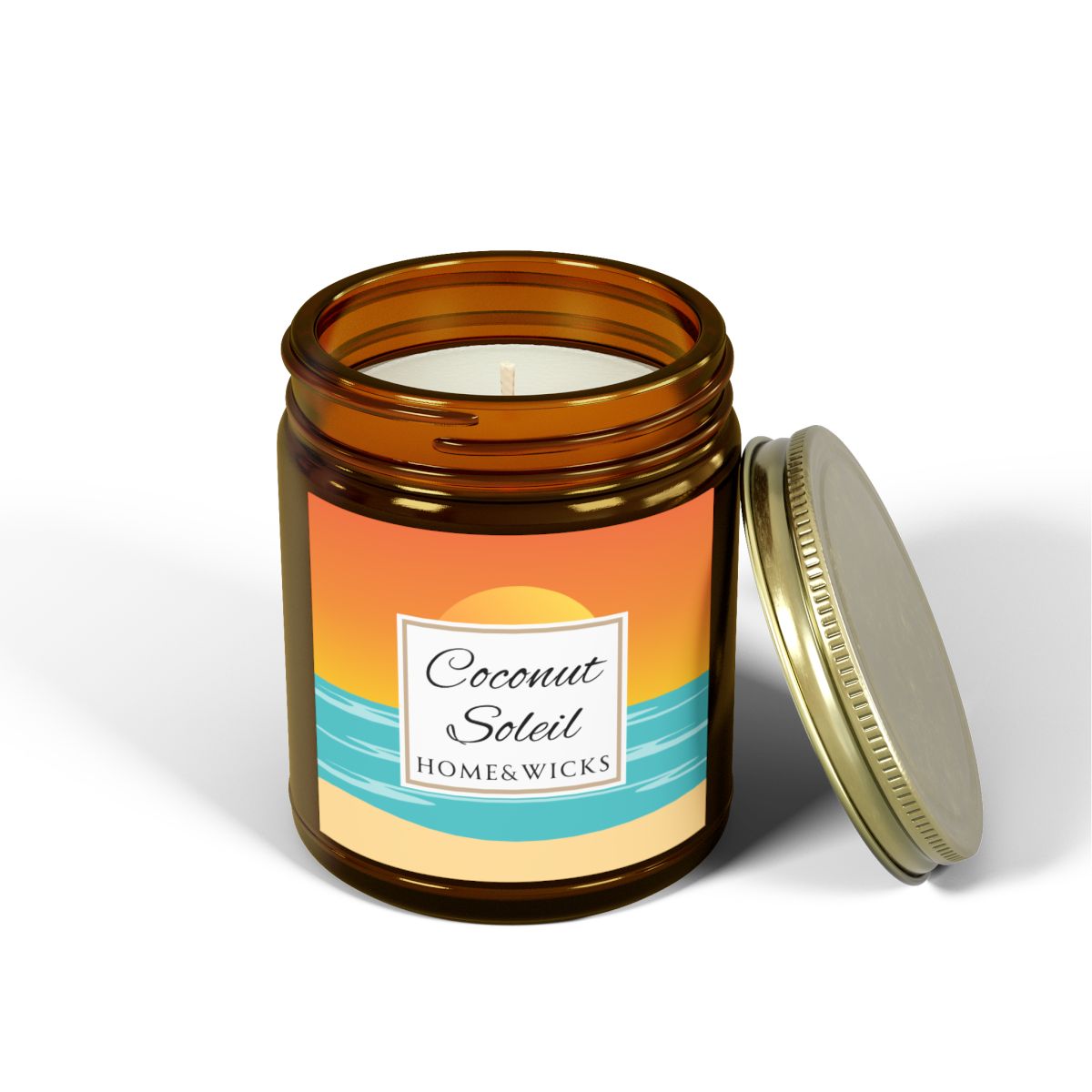 Coconut Soleil coconut apricot wax candle in an amber jar with gold lid with a colorful ocean sunset graphic label featuring 'Coconut Soleil' by Home & Wicks on a white background.