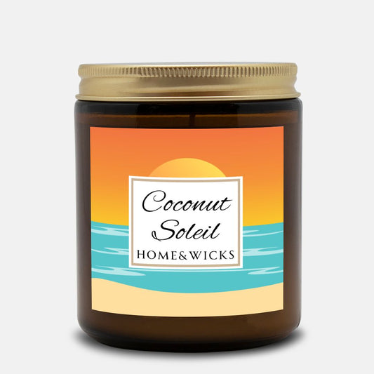 Coconut Soleil coconut apricot wax candle in an amber jar with gold lid with a colorful ocean sunset graphic label featuring 'Coconut Soleil' by Home & Wicks on a white background.