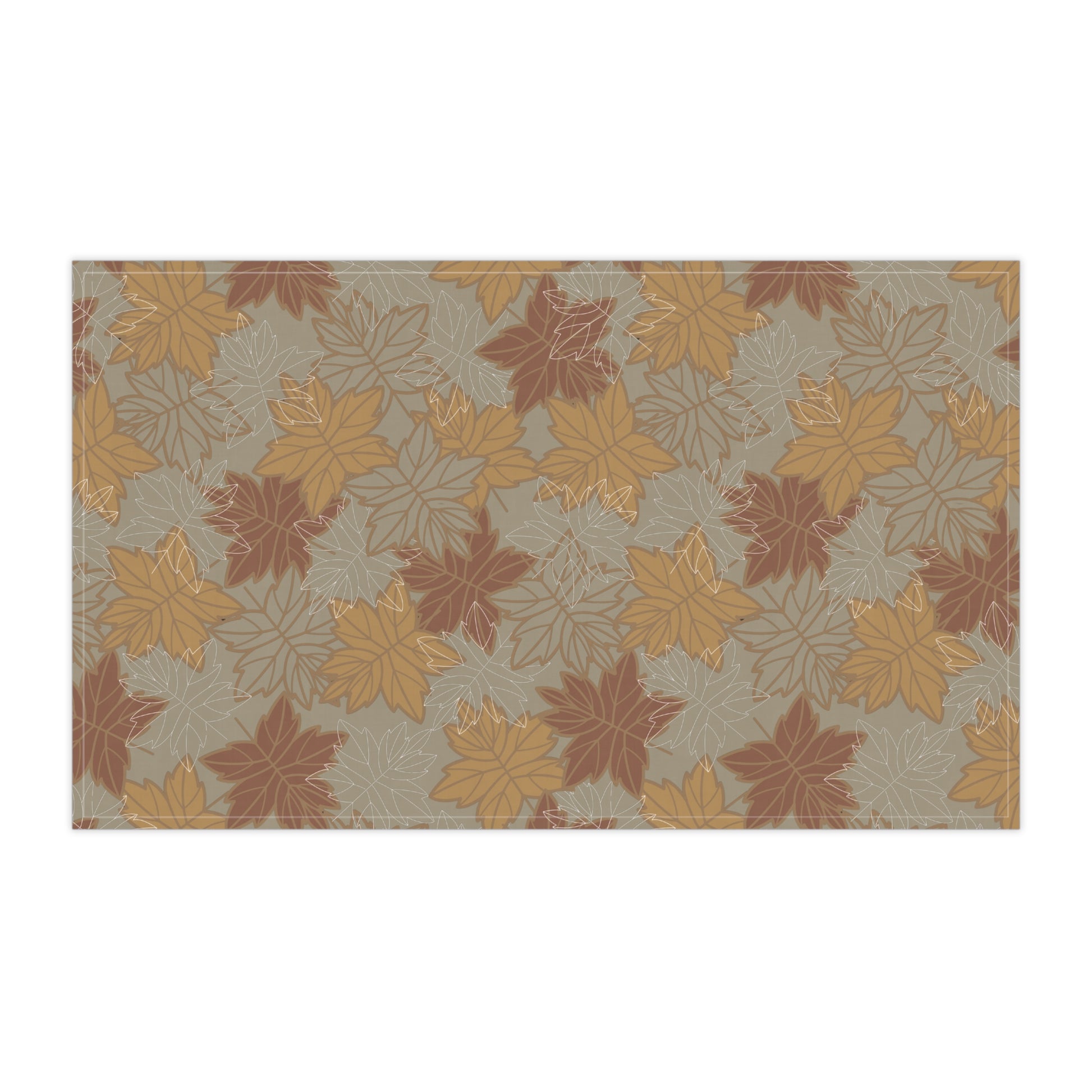 Kitchen tea towel with autumn leaf pattern on a grayish-green background
