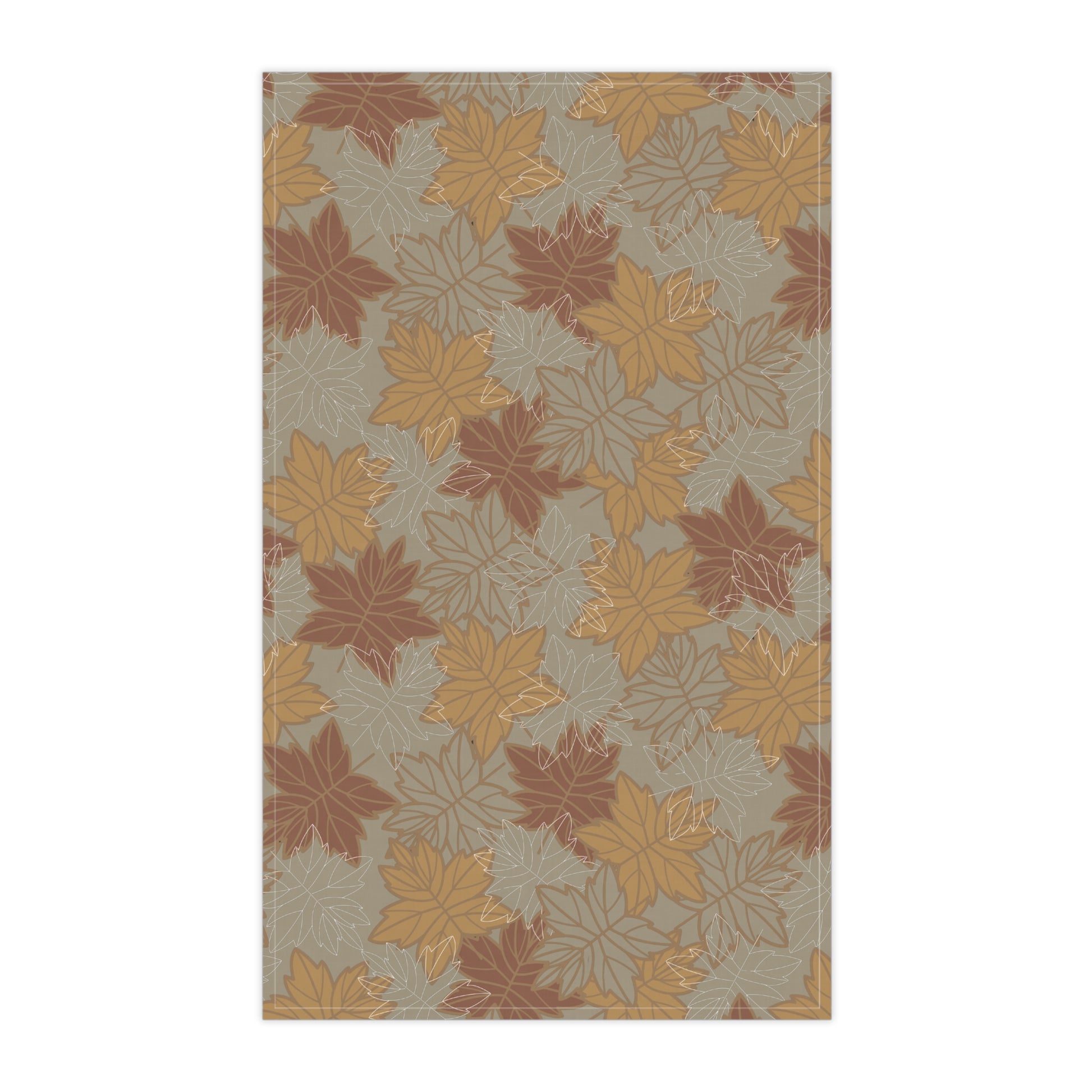 Kitchen tea towel with autumn leaf pattern on an olive green background