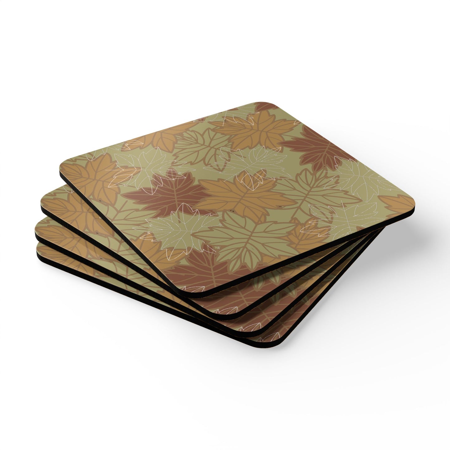 Set of four earthy colored leaf-patterned coasters on a white background