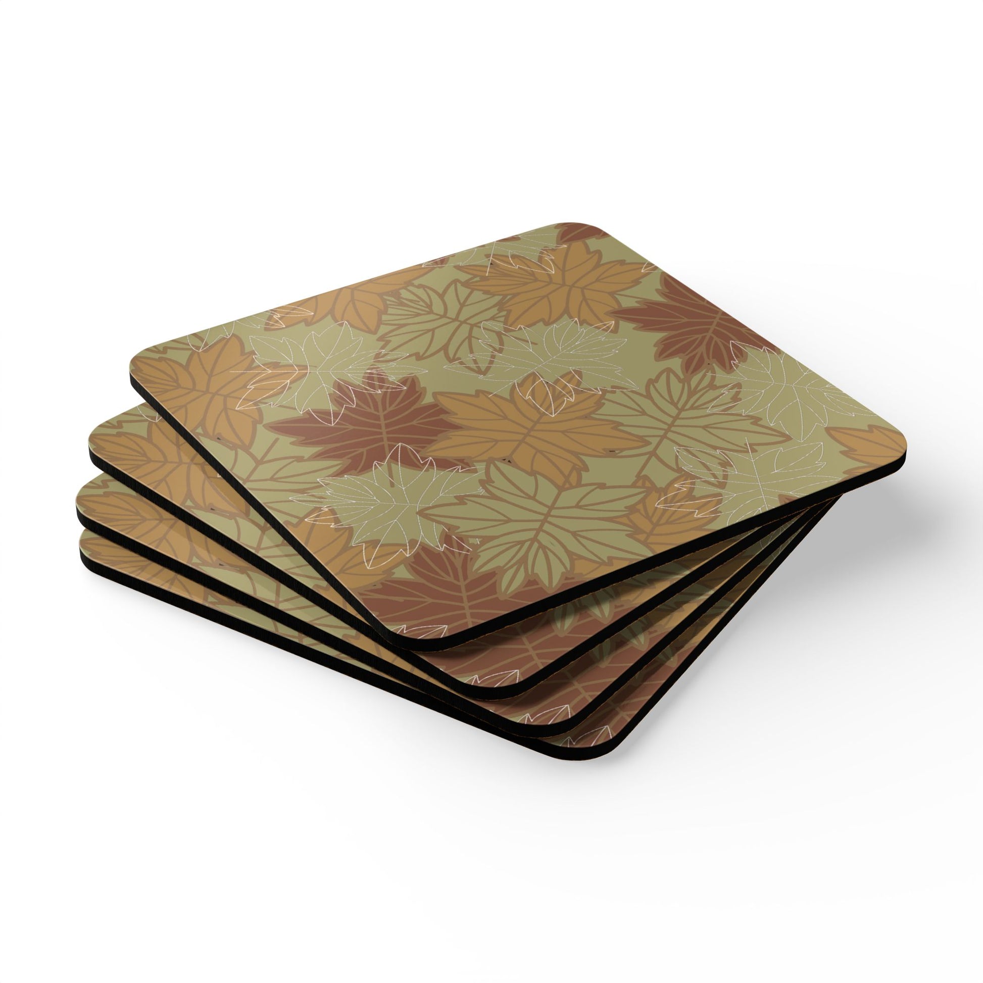 Set of four earthy colored leaf-patterned coasters on a white background
