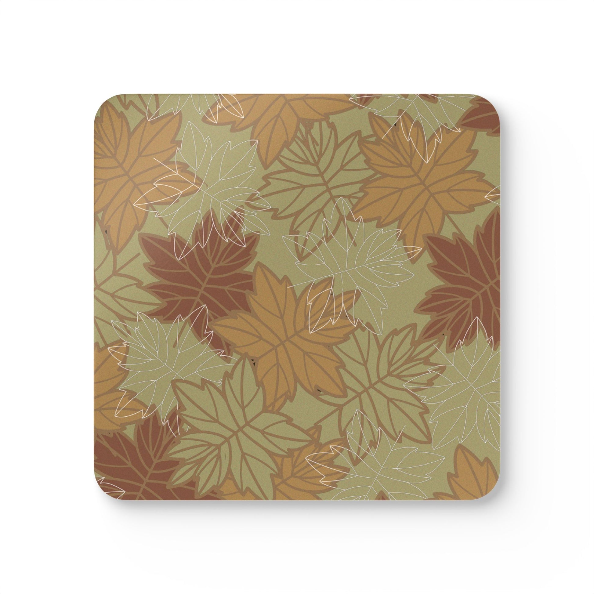 Square coaster with autumn leaf pattern in earthy colors on a white background