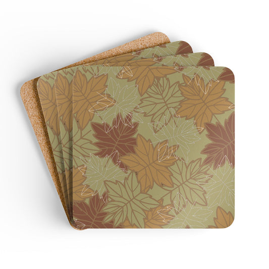 Set of four coasters with autumn leaf pattern in earthy colors on a white background