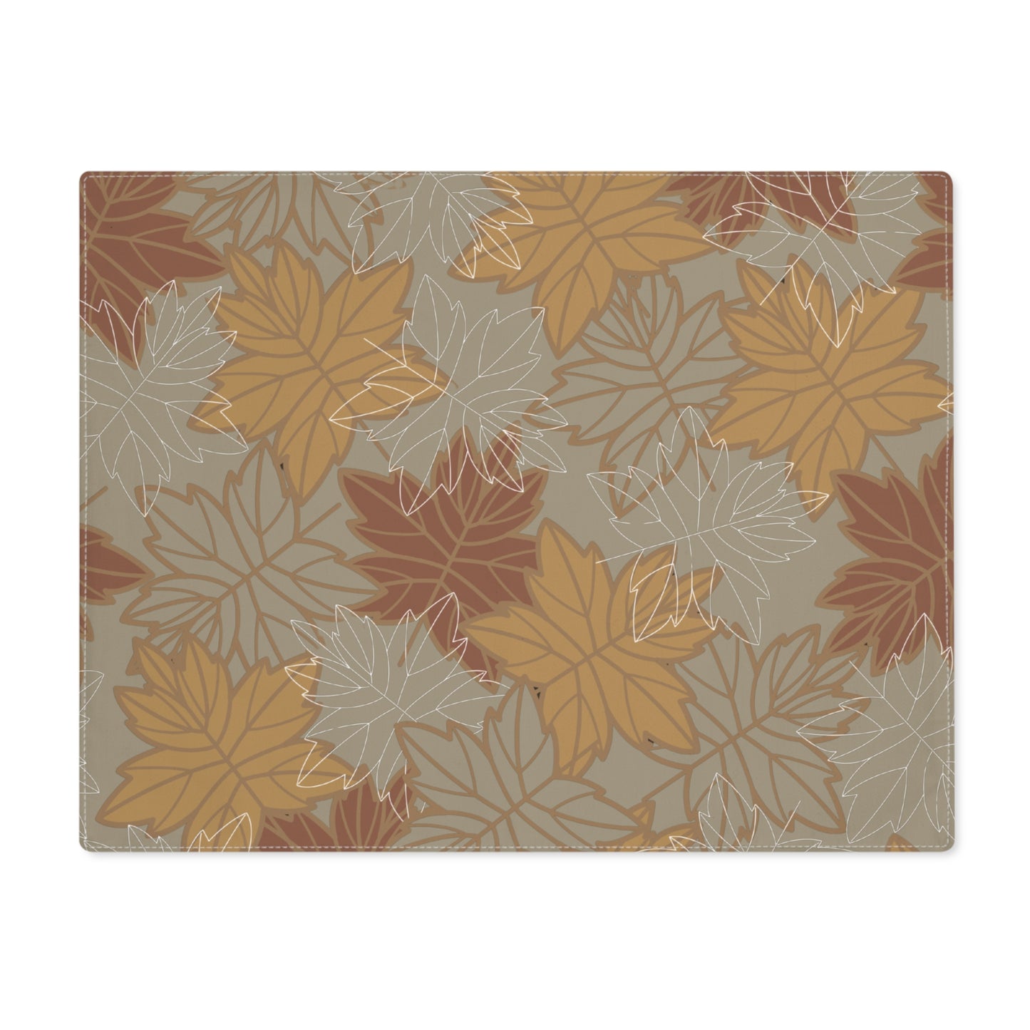 Our Earthy Leaves Placemat with an autumn leaf pattern on an olive green-gray background