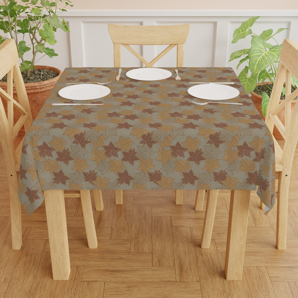 Earthy Leaves Tablecloth - 100% Cotton Twill Tablecloth, 58" × 58" and 58" × 102" Sizes, Fall Autumn Leaves Style Tablecloth, Thanksgiving Tablecloth, Fall / Brown Tablecloth, Party Tablecloth