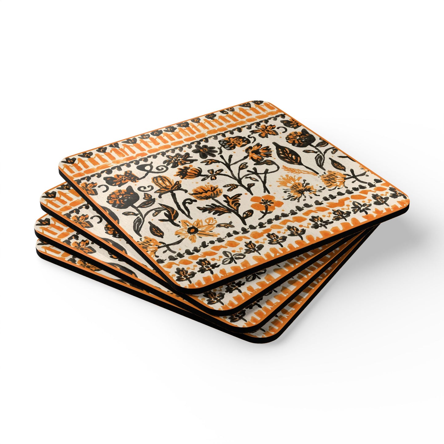 Set of four fall flowers patterned coasters on a white background