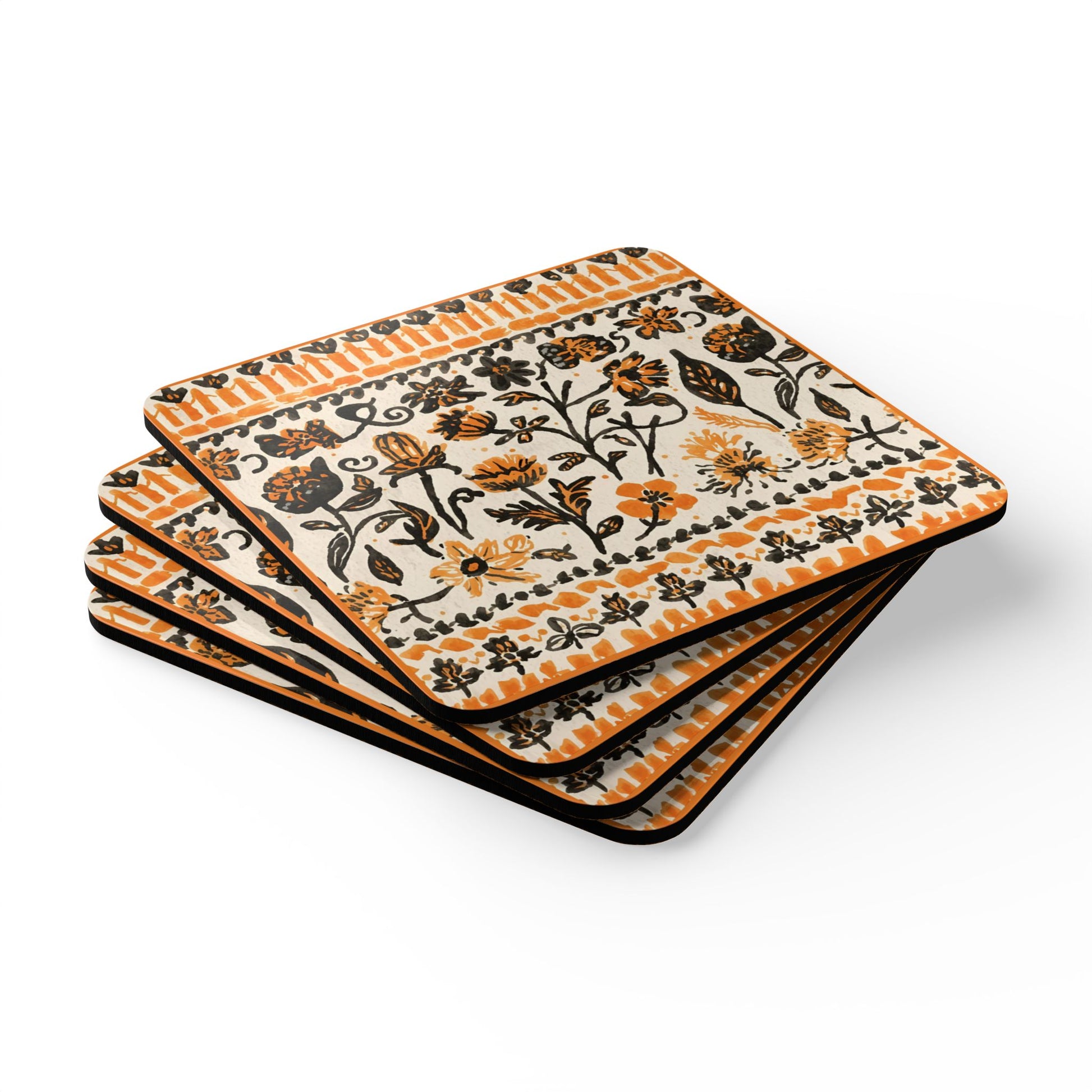 Set of four fall flowers patterned coasters on a white background