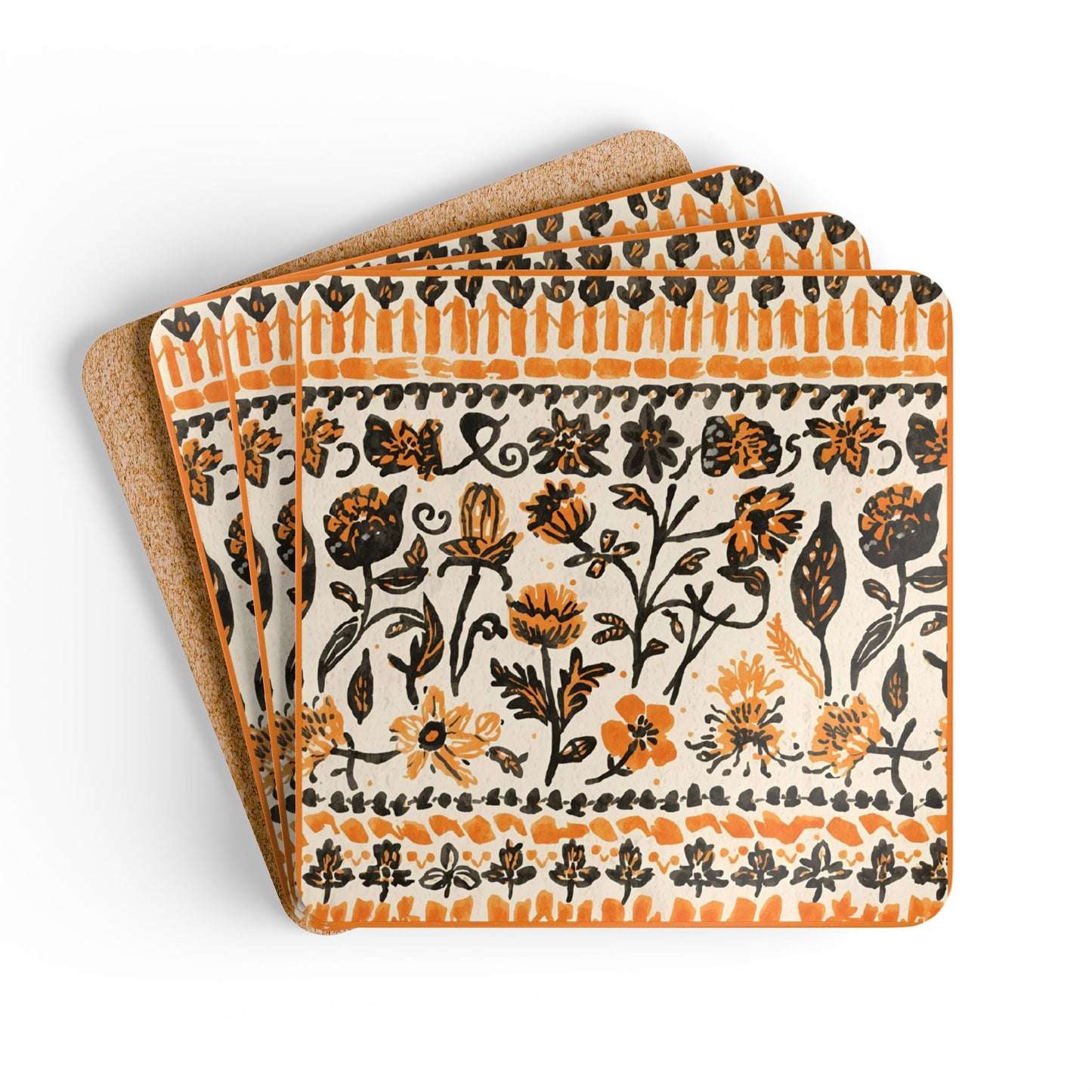 Set of four Fall Flowers coasters with orange and black design on a white background